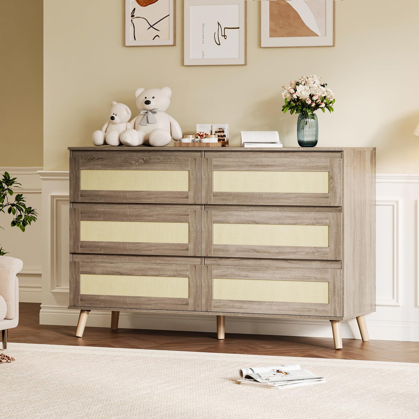 Patikuin Modern Rattan 6 Drawer Dresser for Bedroom, Wooden Chest of Drawers with Storage, Clothes Organizer Cabinet for Nursery, Living Room, Entryway, Natural Finish