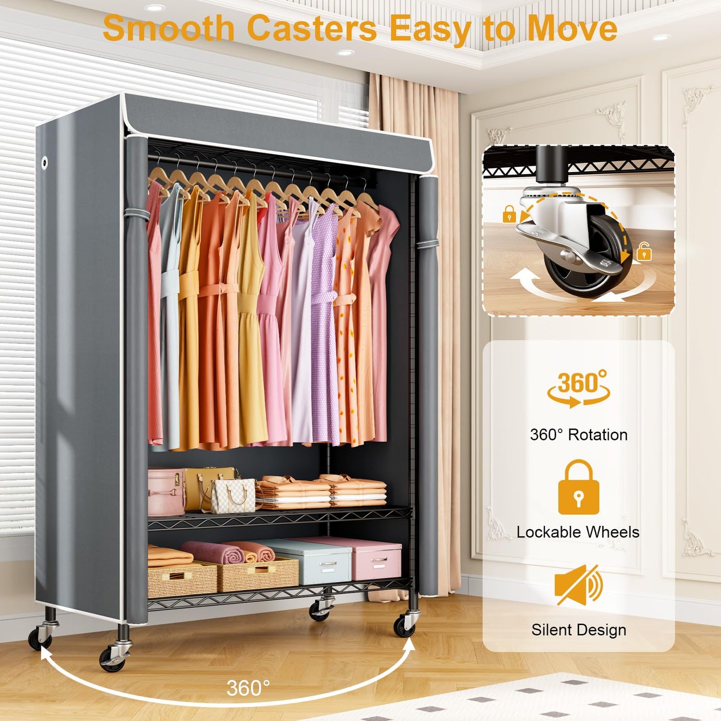ULIFHOME P6C Plus Rolling Clothes Rack with Cover, Covered Clothing Rack Heavy Duty, Portable Closet for Hanging Clothes, Garment Rack on Wheels, Black Closet Rack with Gray Cover, Max Load 375LBS