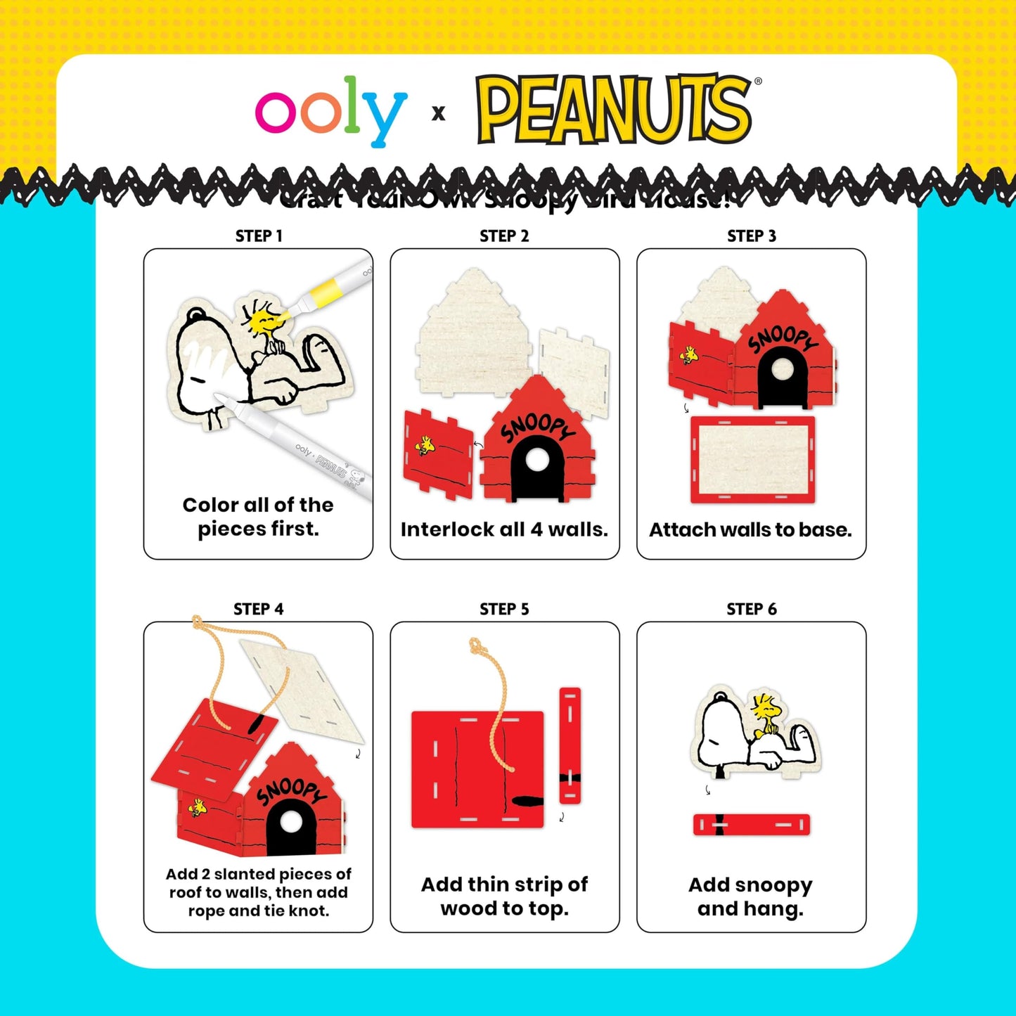 Ooly x Peanuts Snoopy Birdhouse Kit, Build & Paint Wooden Craft with 5 Acrylic Paint Markers, Twine & Instructions, Kids Craft Set Featuring Snoopy & Woodstock