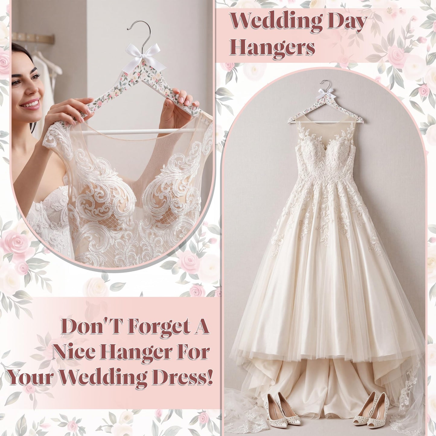 Junkin 10 Pcs Bridesmaid Hangers for Wedding Dress White Floral Bride Wooden Hanger for Bride Cute Bow Hangers for Bridal Shower Party Gift Tuxedo Photo