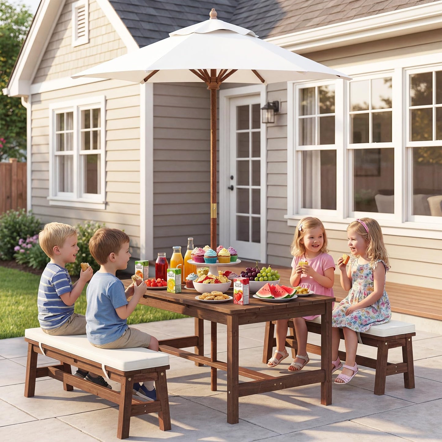 Olakids Kids Picnic Table, Outdoor Wooden Bench Set with Removable Cushions Adjustable Foldable Umbrella, Toddler Backyard Furniture for Patio Garden