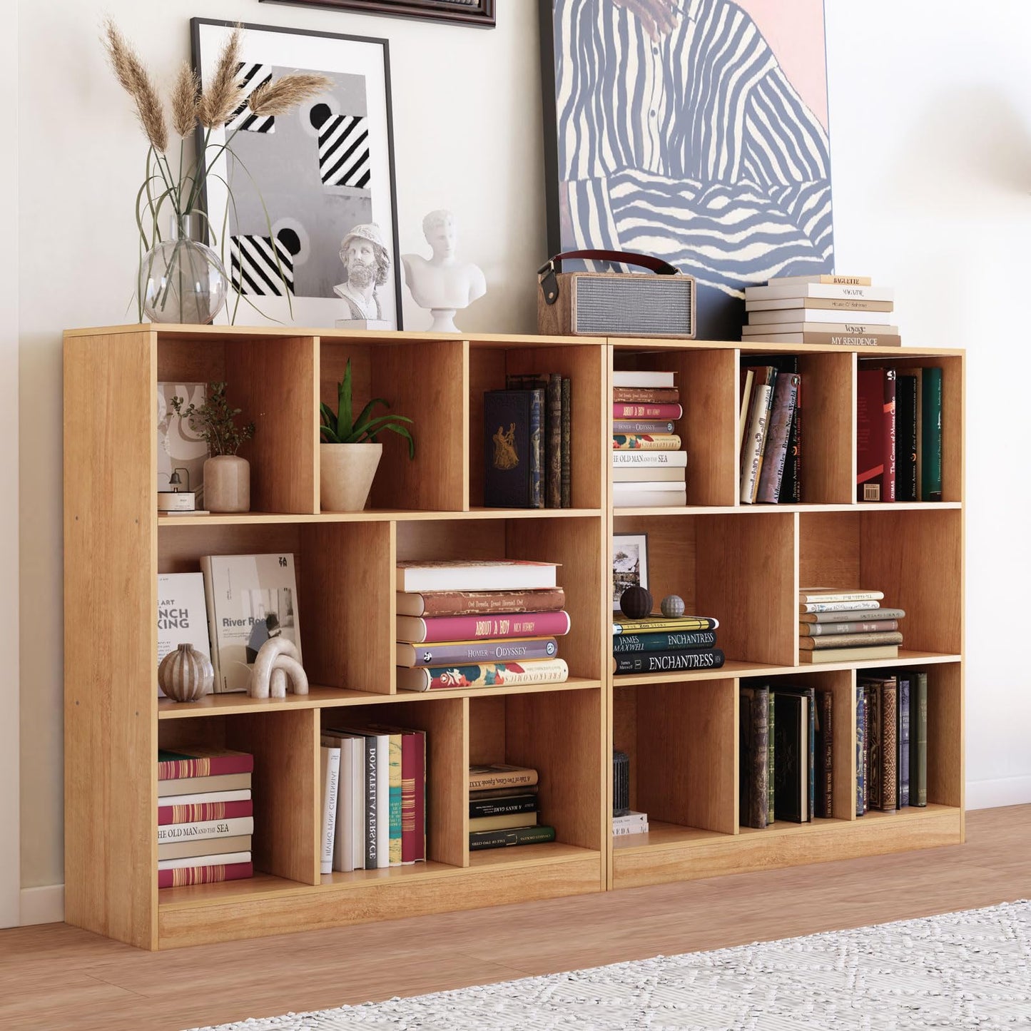 NewBeth 8-Cube Wooden Bookshelf with Base,3-Tier Freestanding Open Storage Organizer,Multi-Functional Bookcase for Living Room,Bedroom,Study and Office (Oak, 8-Cube)