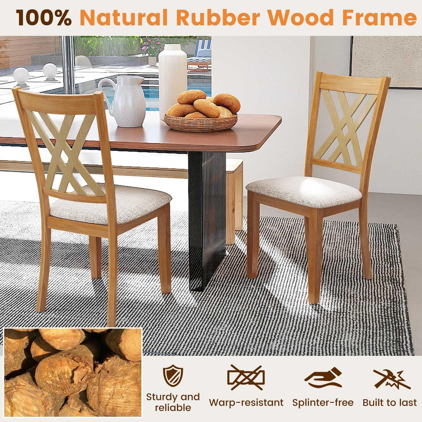Giantex Wooden Dining Chairs Set of 2, Linen Fabric Upholstered Kitchen Chair w/Rubber Wood Frame, Wide Padded Seat, Curved Cross Back, Farmhouse Side Chairs for Dining Living Room Restaurant