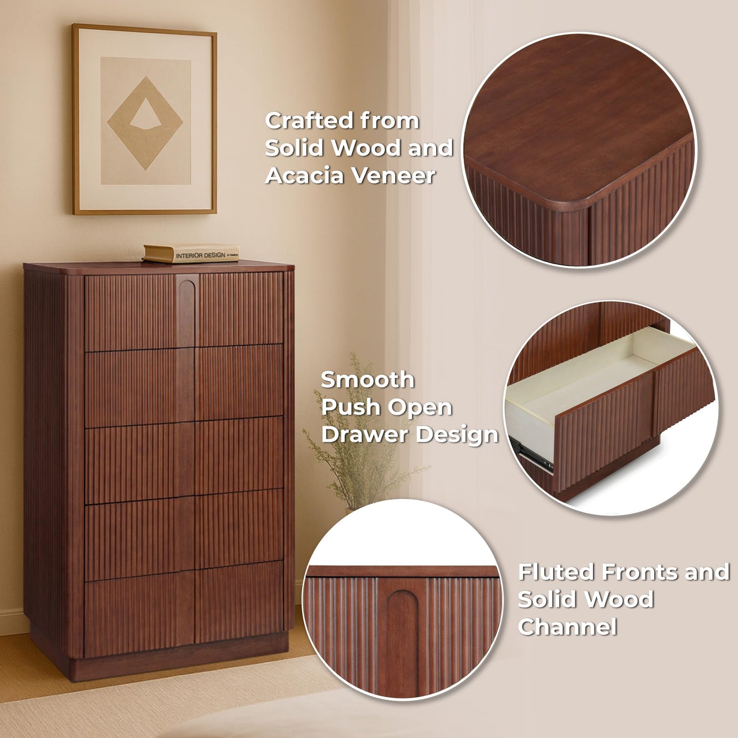 Teamson Home 30'' W Large Storage 5-Drawer Dresser Push to Open Modern Scandinavian with Rounded Edges and Reeding Pattern Bedroom Furniture Clothing Chest in Warm Walnut Finish