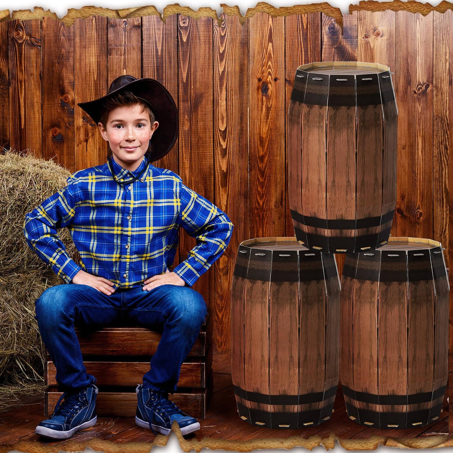 3 Pcs Western Cowboy Party Decoration Wine Barrel Large Cardboard West Whiskey Barrels Decoration for Western Pirate Birthday Farmhouse Party Photo Booth Props(15.75 x 9.84 Inches)