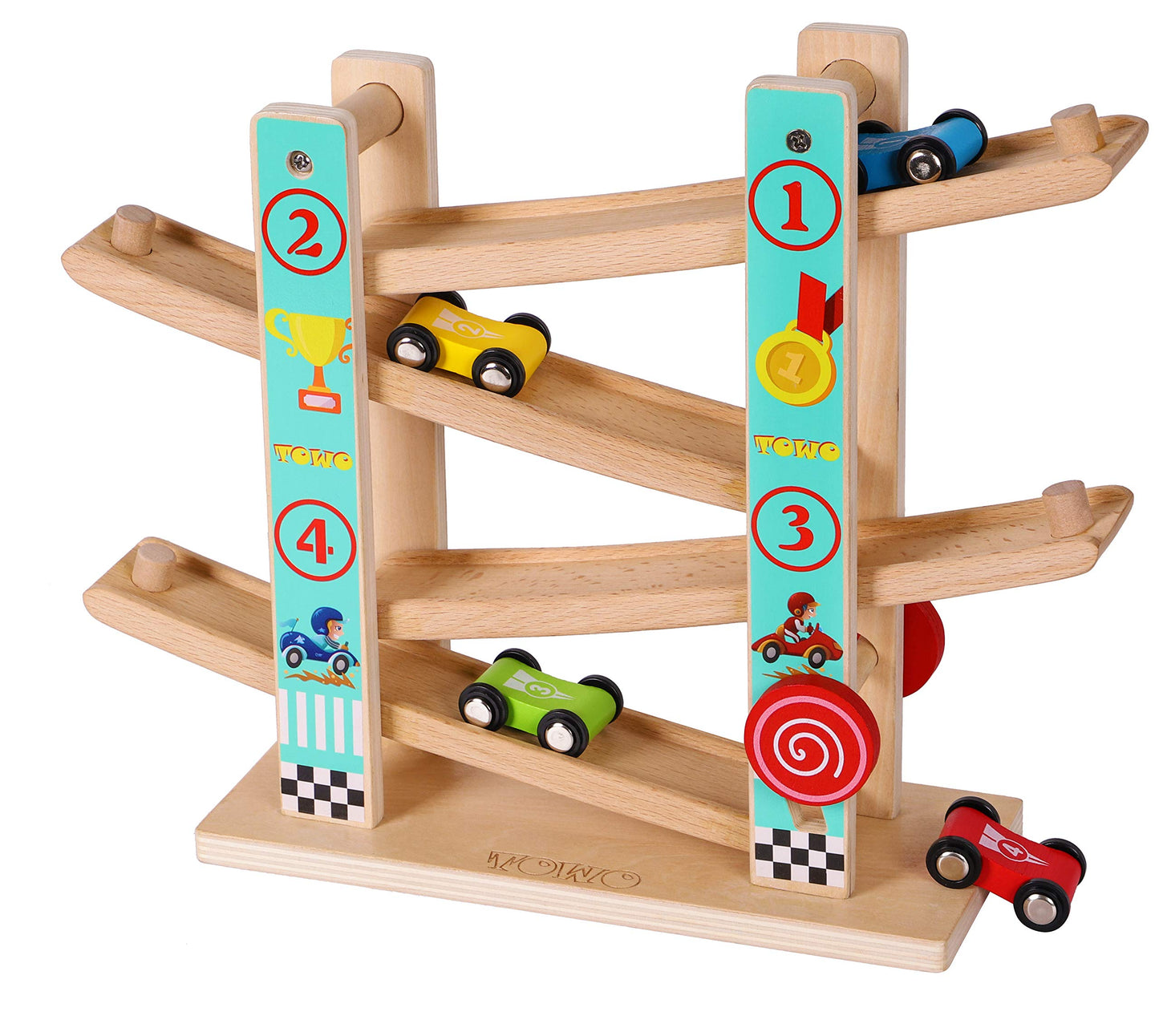 TOWO Pure Wooden Car Ramp - Zig Zag Car Slide Run with 4 Wooden Cars Playsets-Click Clack Track Toys for Toddlers -Racing Car Toys for Kids Boys Girls 2 3 4
