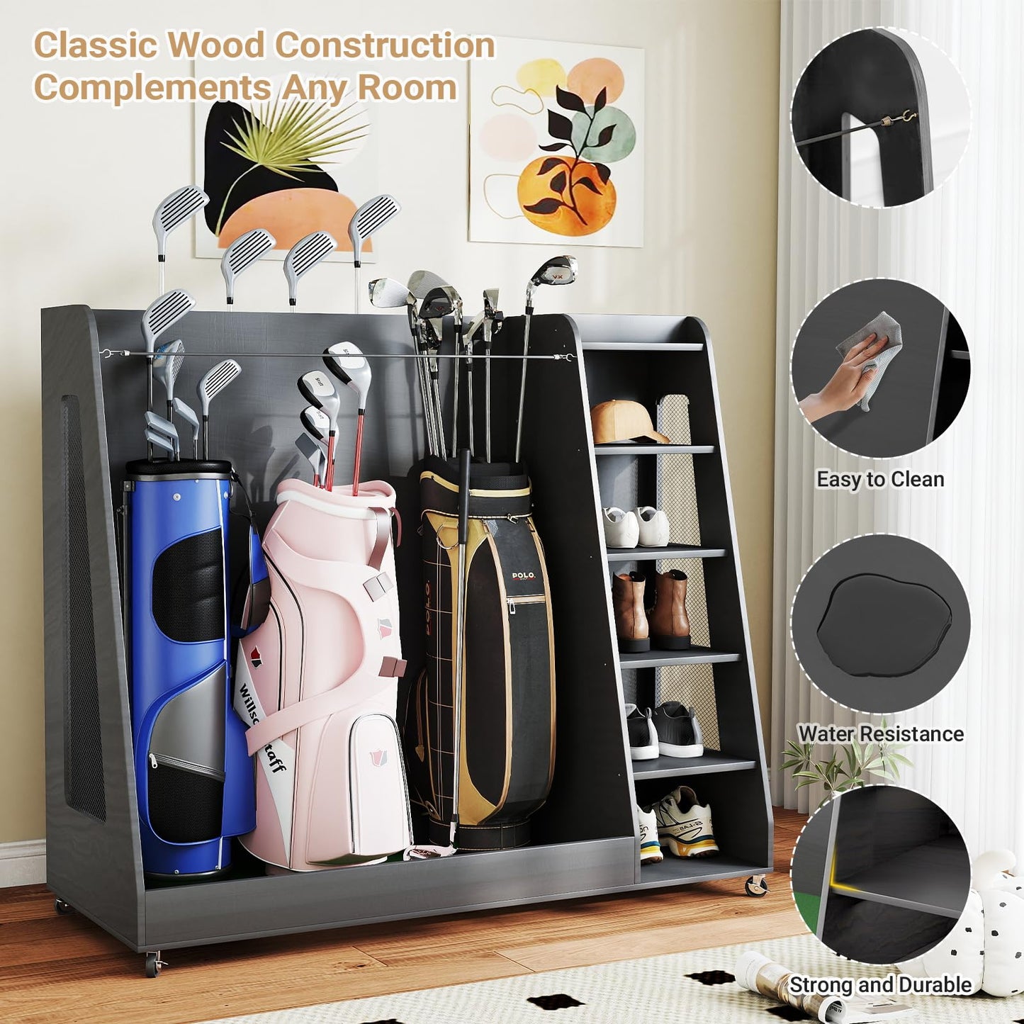 Zevemomo Wooden Golf Bag Organizer with Wheels, Golf Storage Organizer for Garage, 3 Golf Bag Storage Rack, Holds 3 Golf Bags and Golf Equipment, Suitable for Garage Home Golf Club, Gray