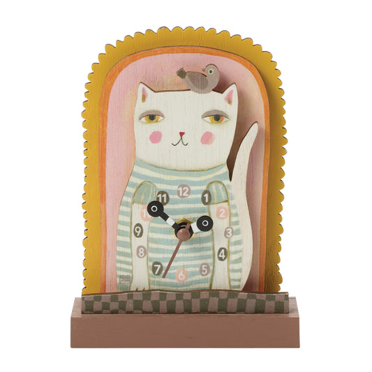 Enesco Allen Designs Cat Purrfect Time Battery-Operated Wooden Desk Clock, 5.9 Inch, Multicolor