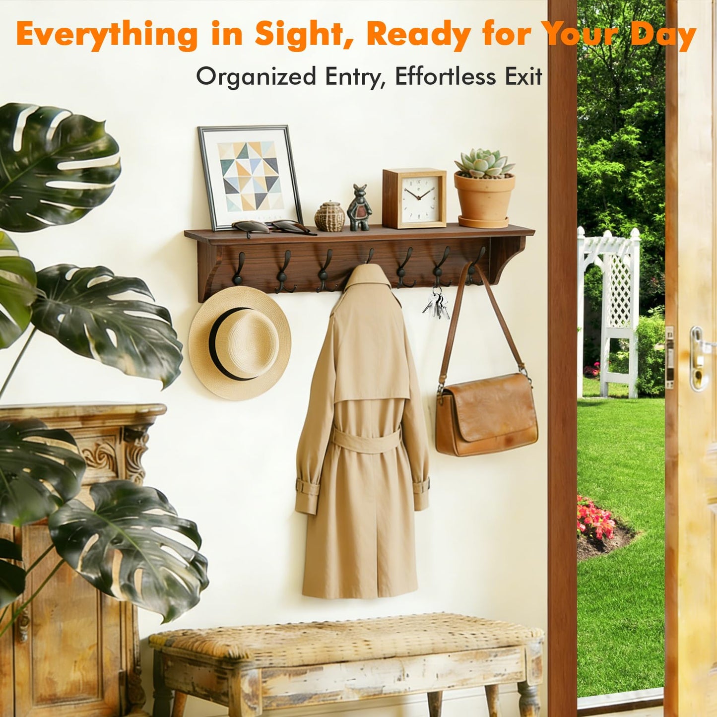 33" Coat Rack with Shelf Wall Mount, Pre-Assembled Solid Wood Coat Hooks with Shelf, Wall Coat Hanger with 7 Metal Triple-Hooks for Hanging Hat,Key,Clothes,Towel, for Entryway,Bedroom,Bathroom,Charred