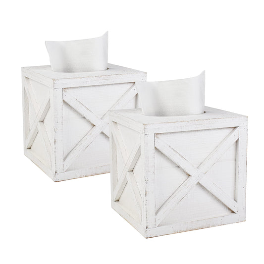 Karisky 2 Pack Square Rustic Wood Tissue Box Cover Holder with Slide-Out Bottom Panel, Farmhouse Facial Paper Dispenser for Bathroom Vanity, Bedroom, Night Stands, Office, 6 x 6 inch, White