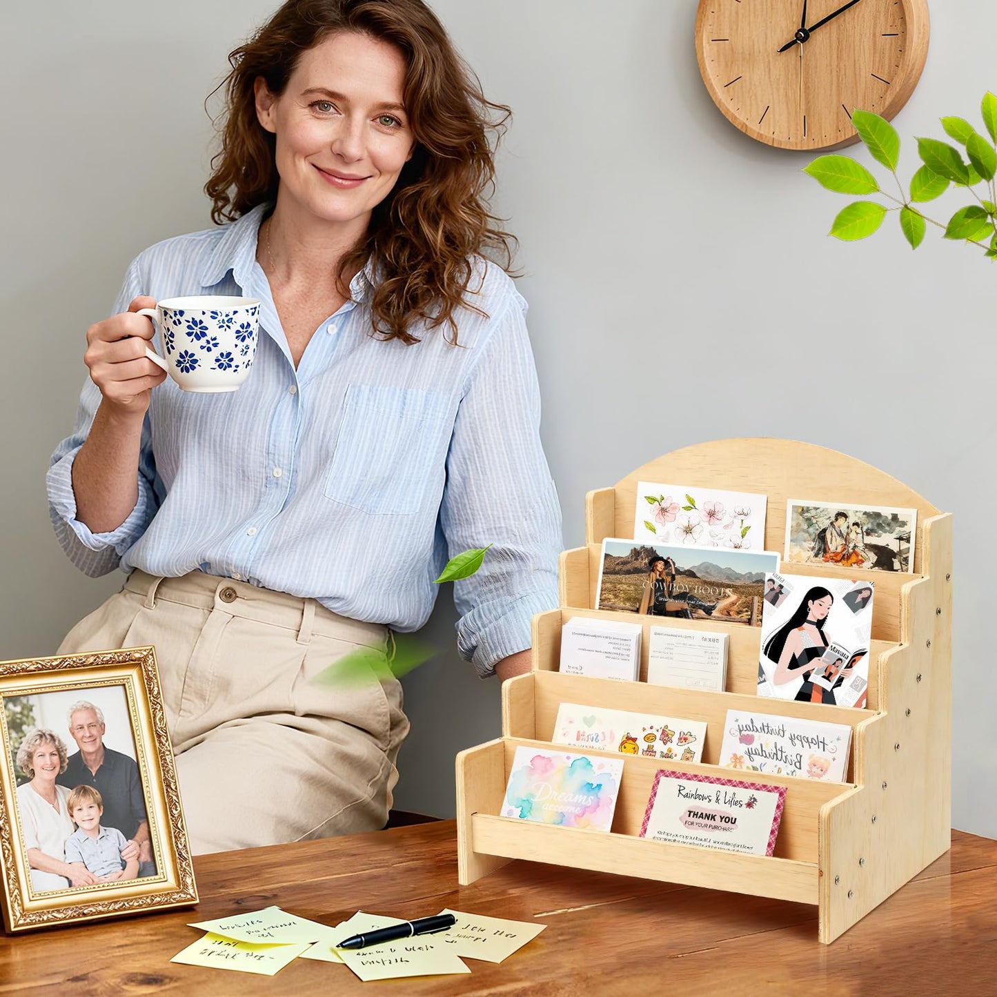 ZANAUWEKED Greeting Card Display Stand Holder,5-Tier Wooden Organizer Rack for Postcards ,Stickers, Bookmarks & Brochure Photos ,Tiered Display Stand for Retail Stores, Stationery Vendors