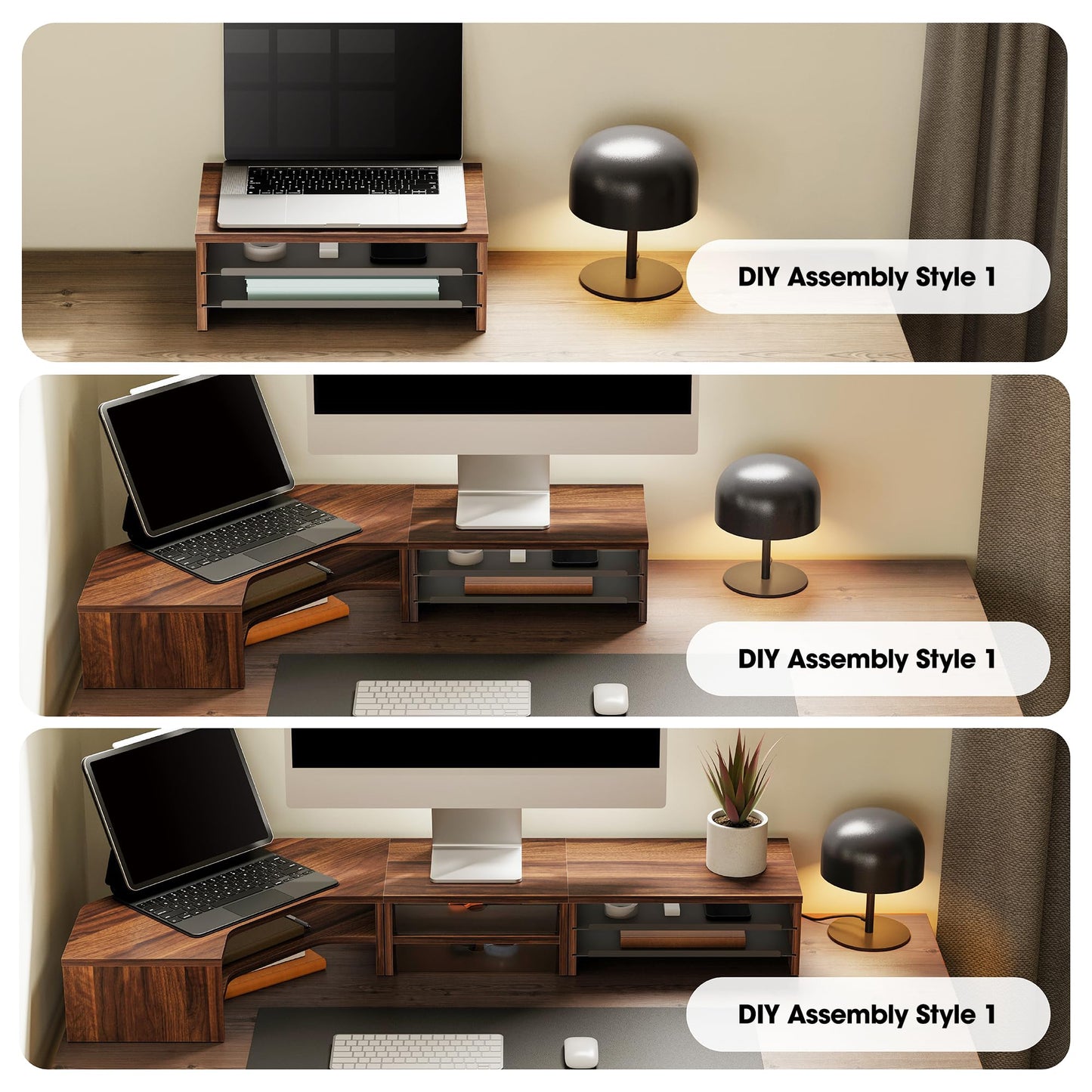 Fenge Monitor Stand, 3-Tier Monitor Riser with Slide-Out Tray, Wooden and Metal Desktop Organizer for Home Office, Computer, Laptop, Printer, Telephone