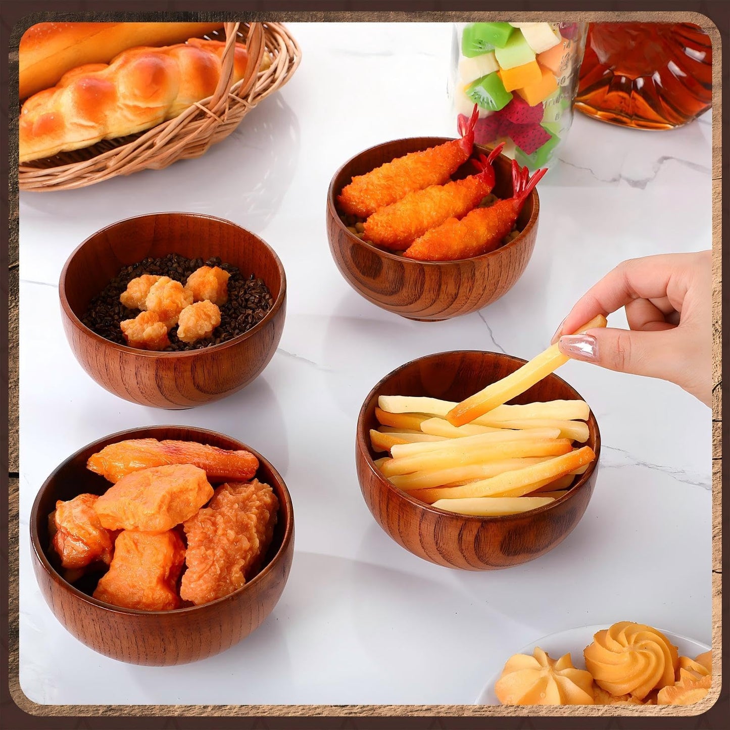 Reallnaive 10 Pcs Jujube Wooden Bowls Small Soup Bowls Round Serving Bowl Wood Salad Bowl Hand Carved Calabash Dip Tray for Popcorn Pasta Candy Cereal Coconut Party Supplies(4.7 Inch)