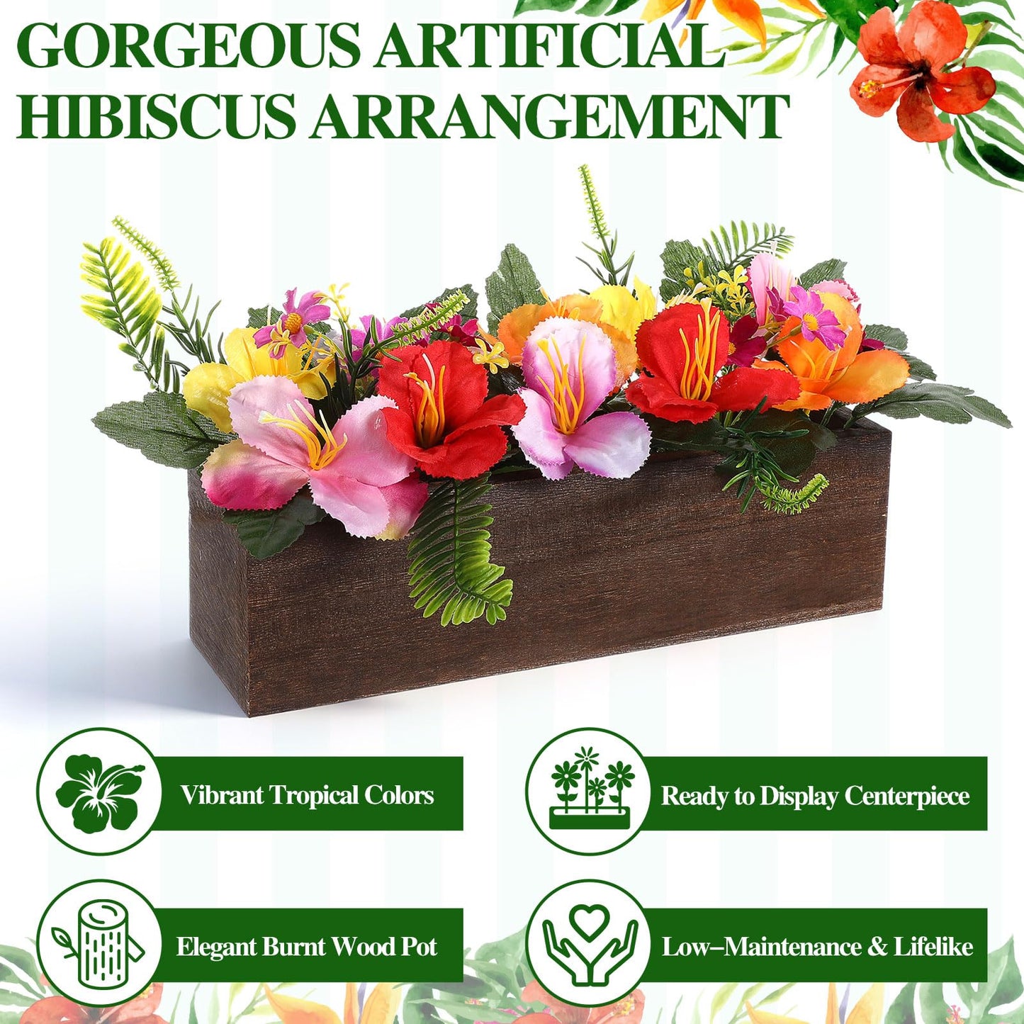 Rivvlive 2PCS Artificial Hibiscus Flowers Table Centerpieces in Wooden Box, 11 inch Summer Beach Wood Box with Realistic Hibiscus Fake Floral Decoration for Hawaiian Luau Beach Party Dining Table