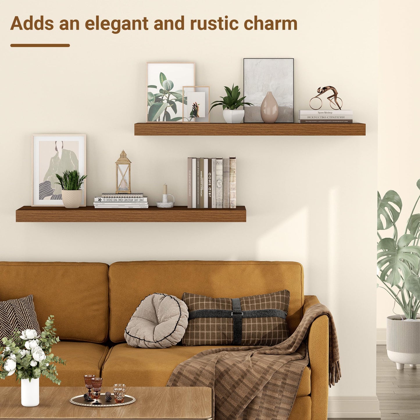 Feihorrm 24 Inch Floating Shelves, 12 Inch Deep Floating Shelves for Wall, Extra Deeper & Thicker Wooden Wall Shelf with Invisible Brackets, Shelf for Bedroom Living Room Home Decor（Walnut, Set of 2）