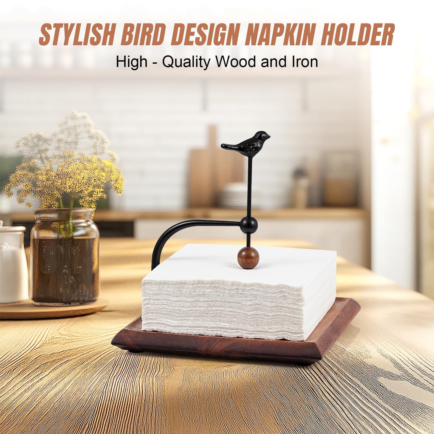 Tocemei Napkin Holder for Table with Unique Bird - shaped Design, Cocktail Napkin Holder. Wooden Base & Iron Build Ensure Stability and Durability. A Tasteful Decor for Kitchen, Living Room and Garden