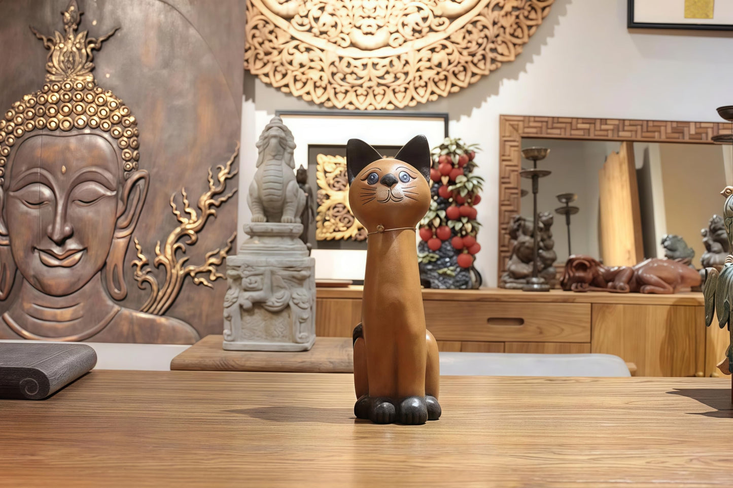 AHZGBL Wooden Cat Figurine, Hand Carved Solid Wood Cat Statue from Thailand, Handcrafted Home Art Decor for Living Rooms, Entryways, Restaurants, Bars, Cafes, Offices, Gift for Cat Lovers(Sitting Cat)