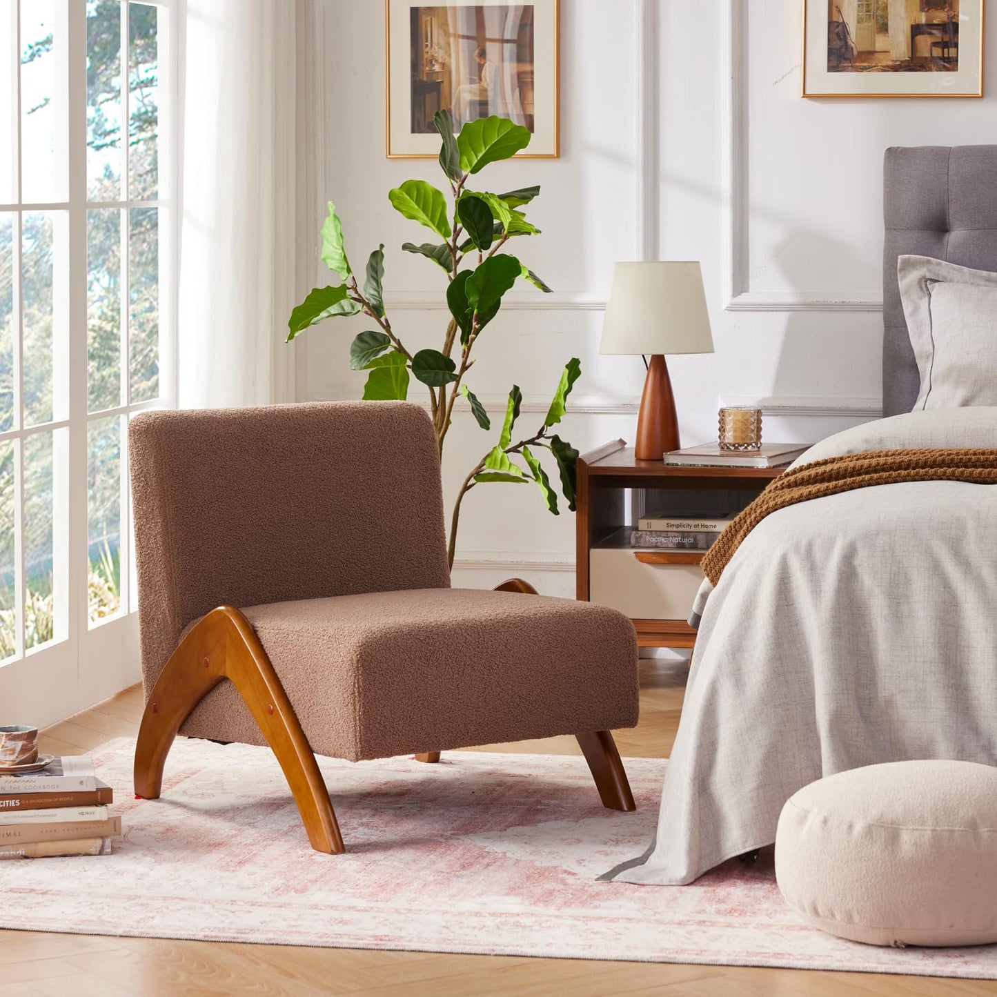 MILCIL Oversized Accent Chair, upholstered armless mid Century Modern Living Room Chair with Wooden Legs for Bedroom/Office/Cafe, Sherpa Brown