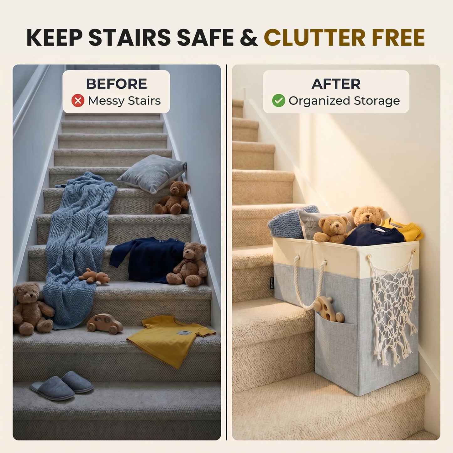 DONAQ Stair Basket with Hammock for Carpeted & Wooden Stairs – Staircase Basket Organizer for Laundry, Toys, Books, Blankets & Household Storage - Large Stairstep Basket Bin with Cotton Handle
