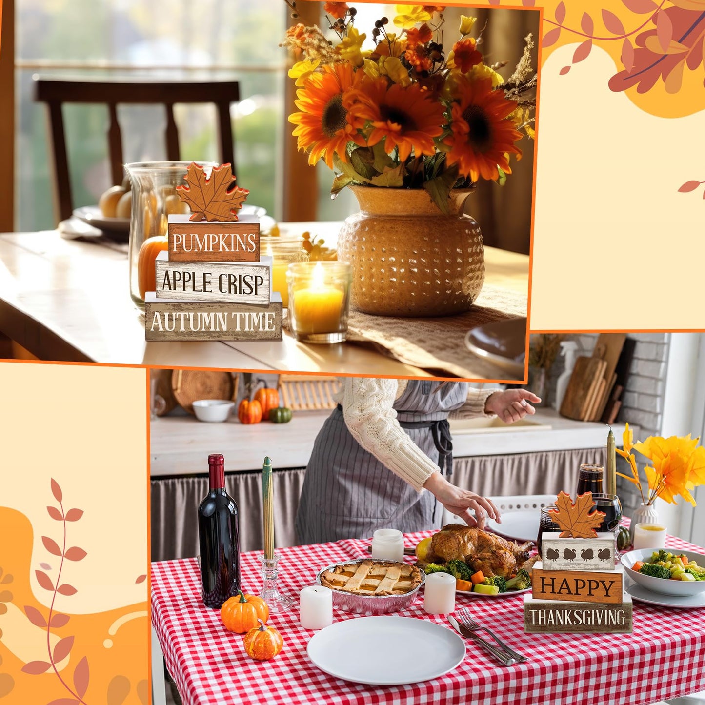Briwooody 4 Pcs Fall Table Decoration Wooden Reversible Maple Leave Fall Tiered Tray Decor Thanksgiving Centerpiece Rustic Maple Leaves Block Signs Farmhouse Autumn Decoration for Home Kitchen
