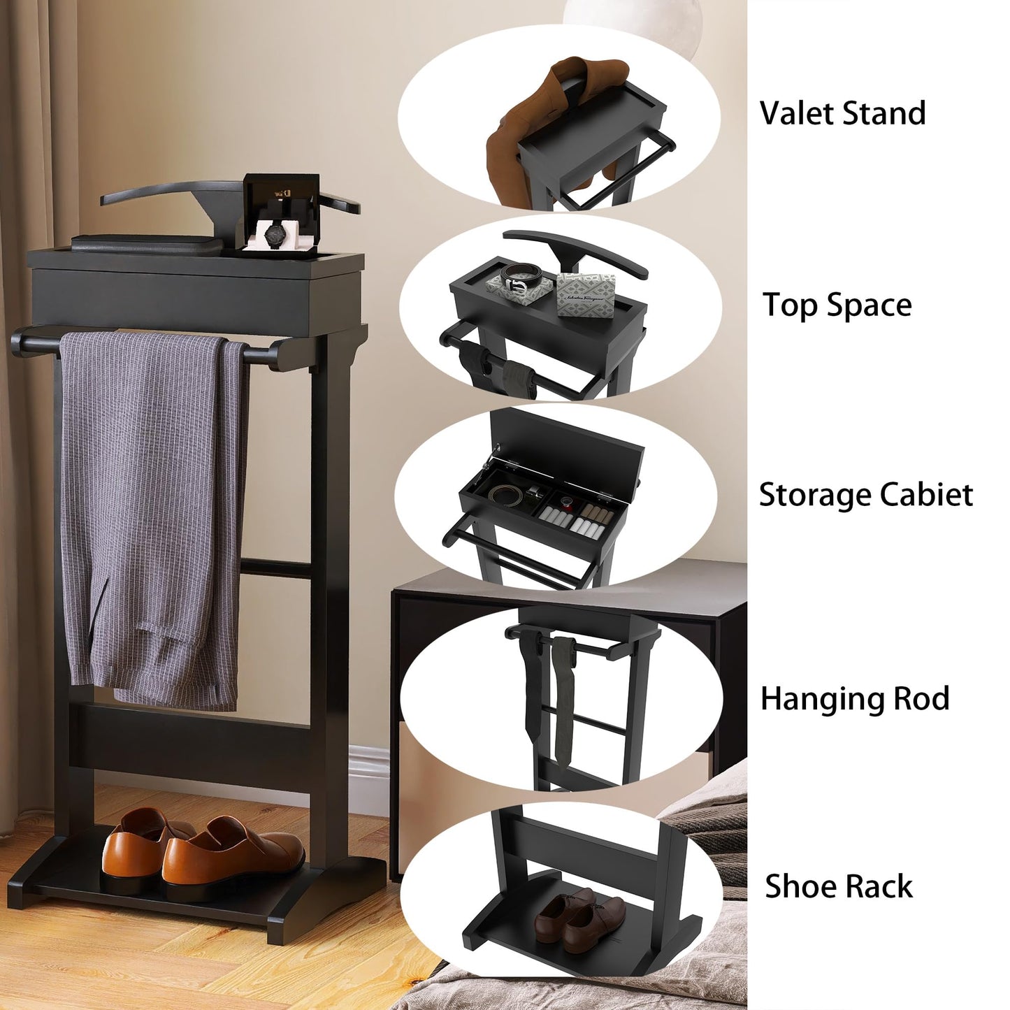 RELAHOGAR Clothes Valet Stand for Men, Wooden Mens Valet Stand with Tray Organizer, Shoe Shelf, Hanging Rod and Suit Rack, Freestanding Clothes Rack for Bedroom Entryway Office