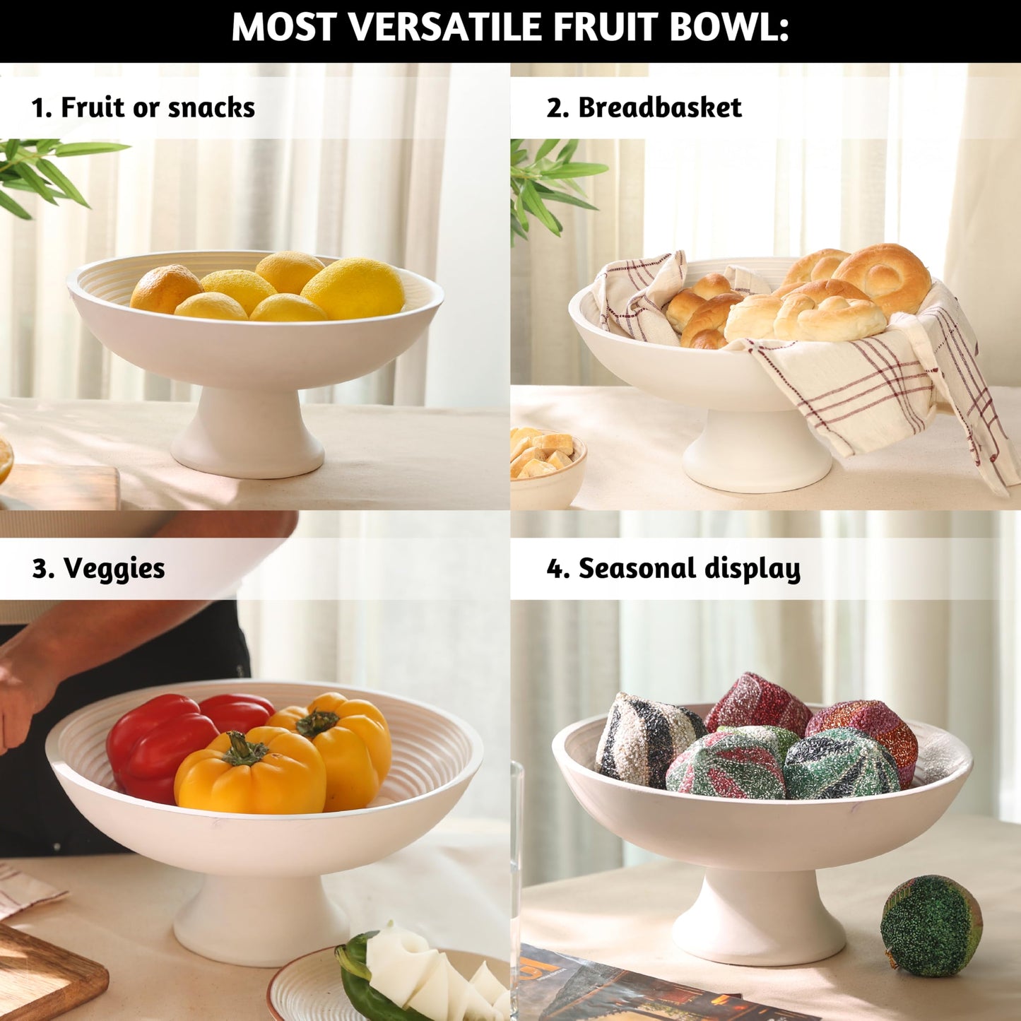Folkulture Wooden Fruit Bowl for Kitchen Counter | 12" Large Premium Eco Friendly Banana Fruit Basket for Kitchen | White Wood Bowl with Holder, Pedestal for Table Decor, Centerpiece for Dining Table