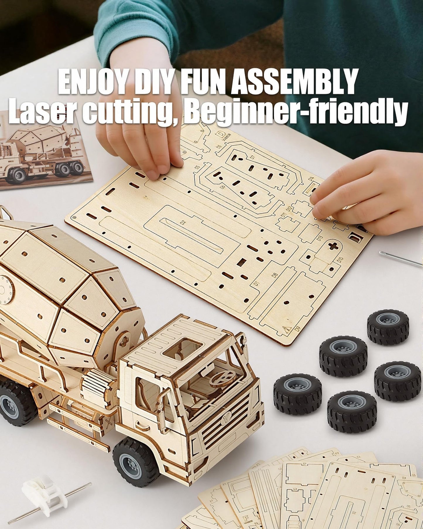 MOCBURIKU 3D Wooden Puzzles Cement Mixer Truck for Adults to Build, 165pcs Wood Craft Model Cars Building Kits with Pull Back 360° Rotatable Mixer Action,Hobby Gifts for Adults Men Teens
