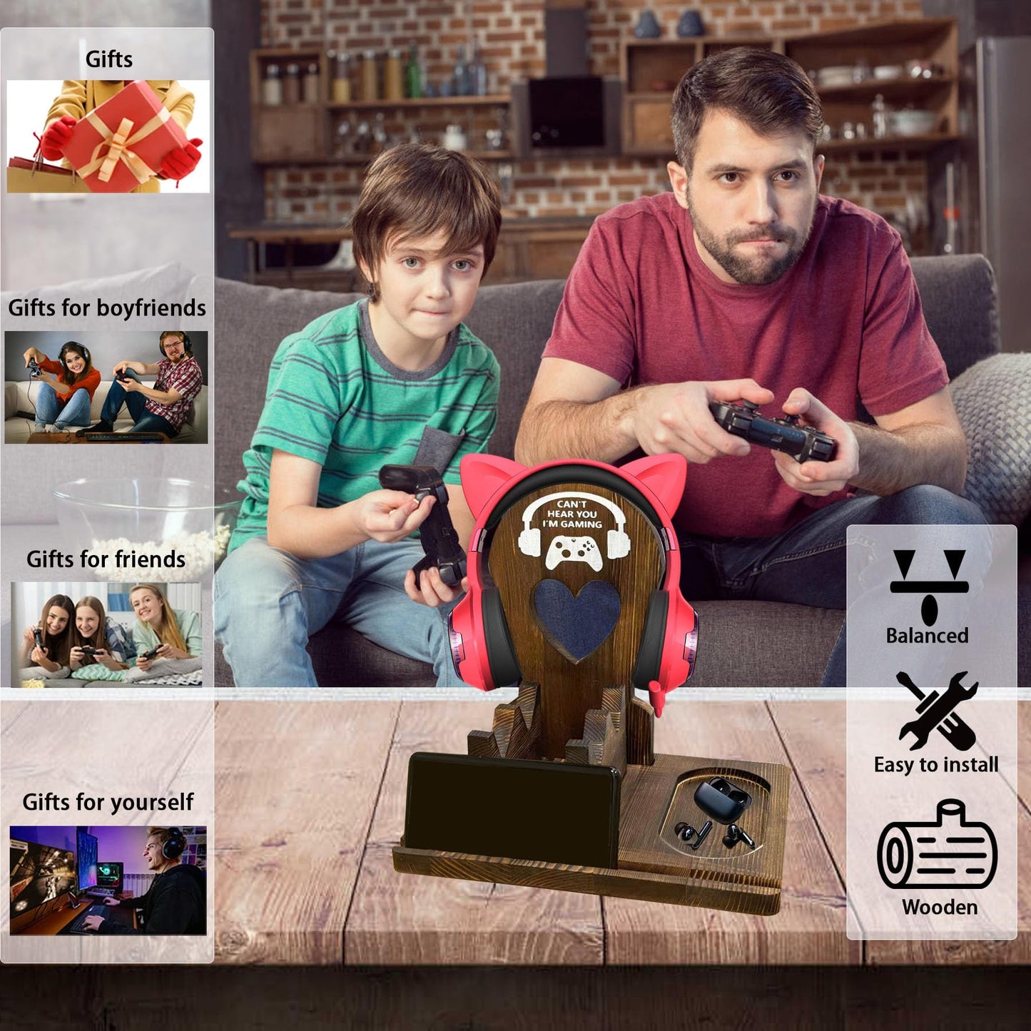 ZHYEED Wooden Headset Stand with Controller Holder - Multi-Functional Gaming Organizer for Desk, Detachable Design w/Phone Slot - Perfect Gamer Gift for Men, Dad, Graduation