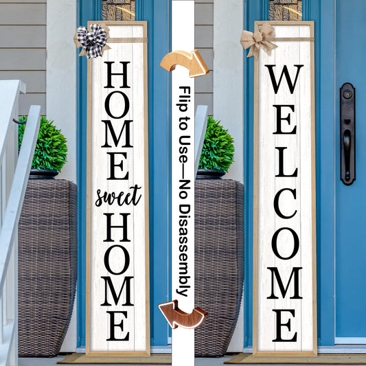 SRSZHIYUE Outdoor 2in1 Welcome Sign for Front Door Home Sweet Home Sign for Farmhouse Tall Outdoor Front Porch Standing 2 Sided 45"X9" Large Vertical Leaner Rustic Outside Decor (Wood White)