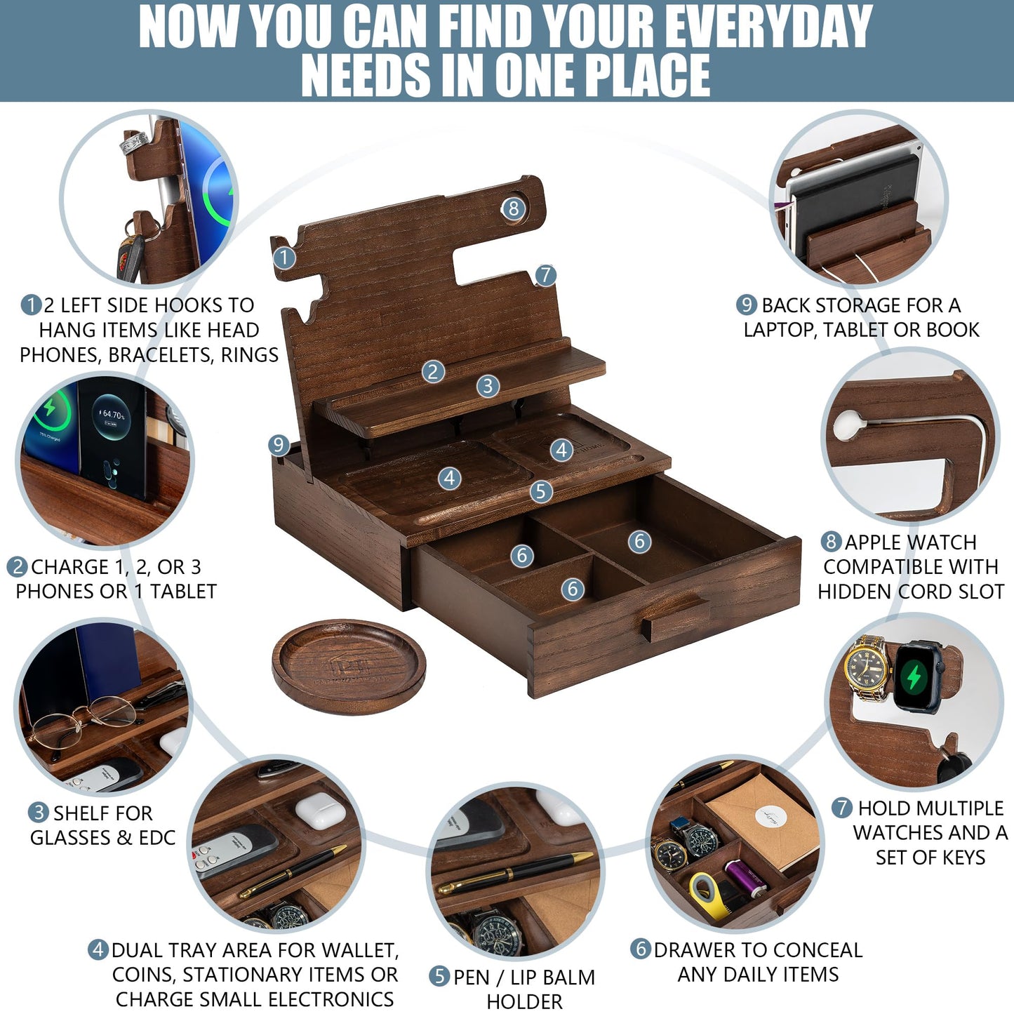 Wood Phone Docking Station for up to 3 Phones - Nightstand Organizer with Drawer for Valuables for Men & Women, Compatible with Apple Watch, Holds Phones, Tablets, Keys, Rings, Glasses, Watches & EDC