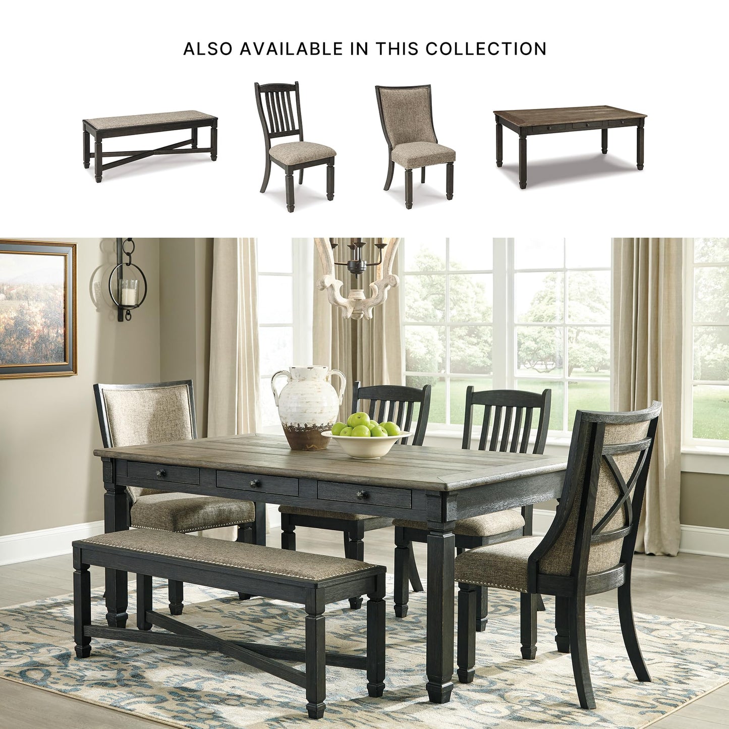 Signature Design by Ashley Tyler Creek Farmhouse Upholstered Dining Room Bench with Tapered Legs, Heavy Woven Fabric, Wood, 19.5" High Seat, Black & Gray