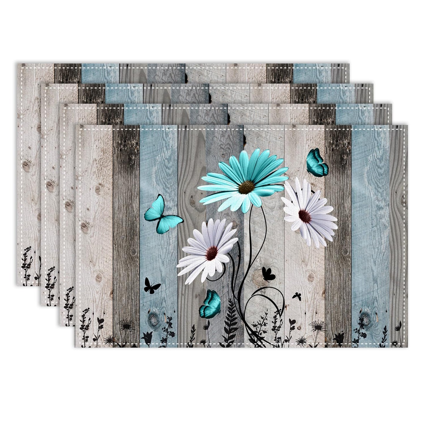 Daisy Floral Placemat Set of 4, 12x18 Inch Rustic Boho Teal Wild Flowers Wooden Butterfly Spring Seasonal Coffee Table Mats for Outdoor Farmhouse Kitchen Dining Table Decoration