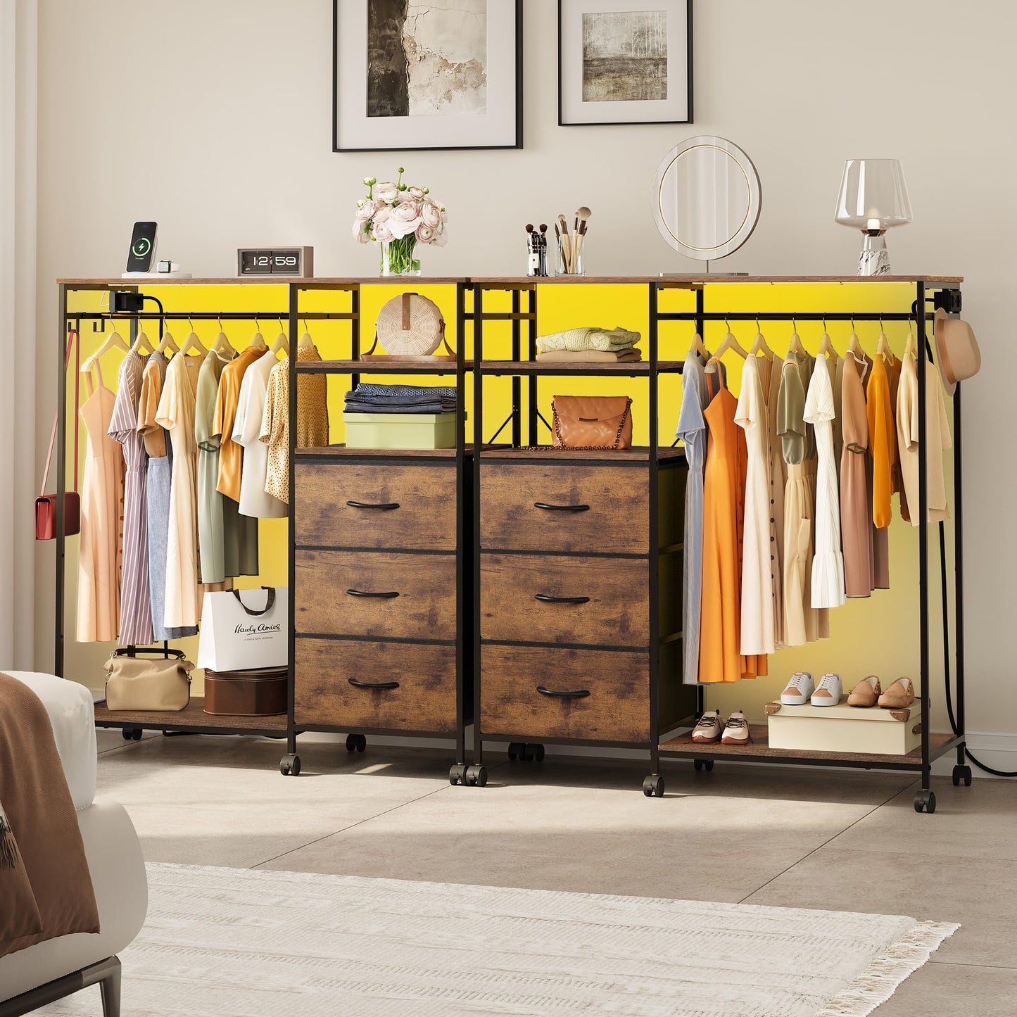 WLIVE Dresser with Hanging Rack for Bedroom, 3 Drawer Dresser with LED Lights & Charging Station, Fabric Dressers & Chest of Drawers, Storage Organizer with Open Shelves for Living Room, Brown