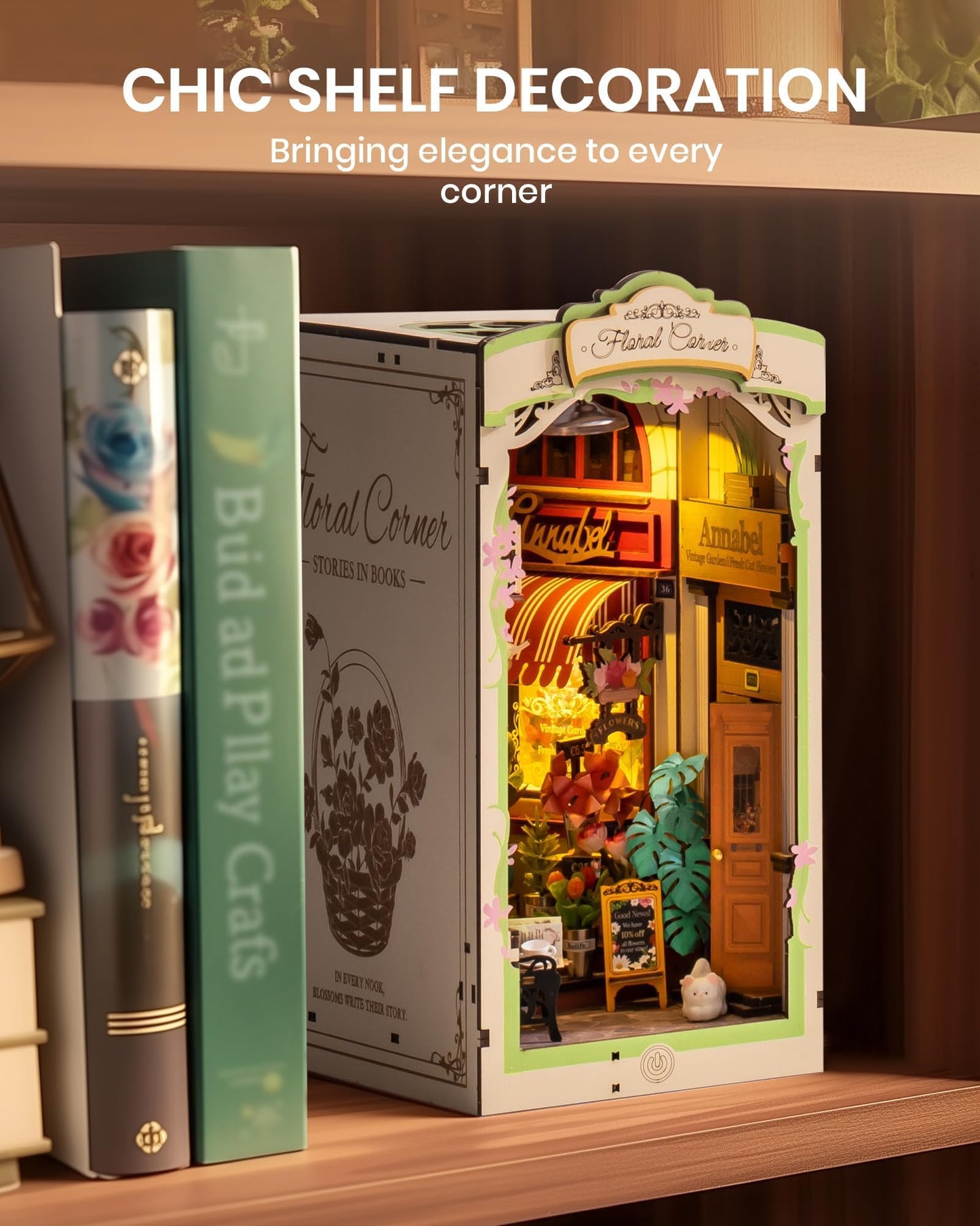 Rolife DIY Book Nook Kits for Adults, Miniature Dollhouse Booknook Kit for Home Room Decor, 3D Wooden Puzzle with LED, Flower Corner Creative Bookends Bookshelf Diorama Insert