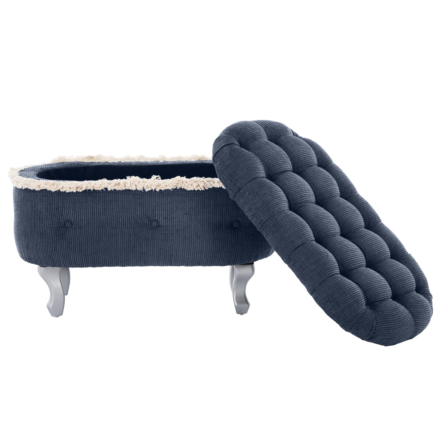 Christopher Knight Home Etele Mid-Century Modern Fabric Upholstered Ottoman with Storage, Wooden Living Room Sofa Ottoman Footrest, Entryway Ottoman Foot Stool, Toy Box Storage for Living Room, Blue