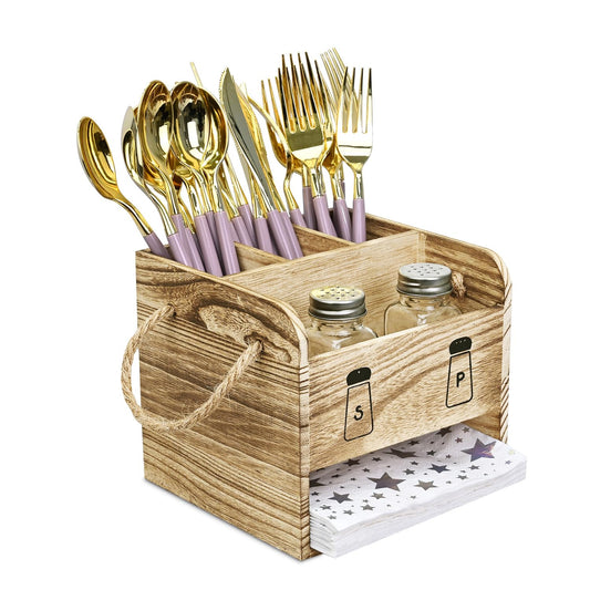 Ikee Design Wooden Utensil Caddy Flatware Holder with Handles - Utensil Holder for Dining Room, Restaurant and Kitchen, Oak Color, 7.13”W x 6.63”D x 7.5”H