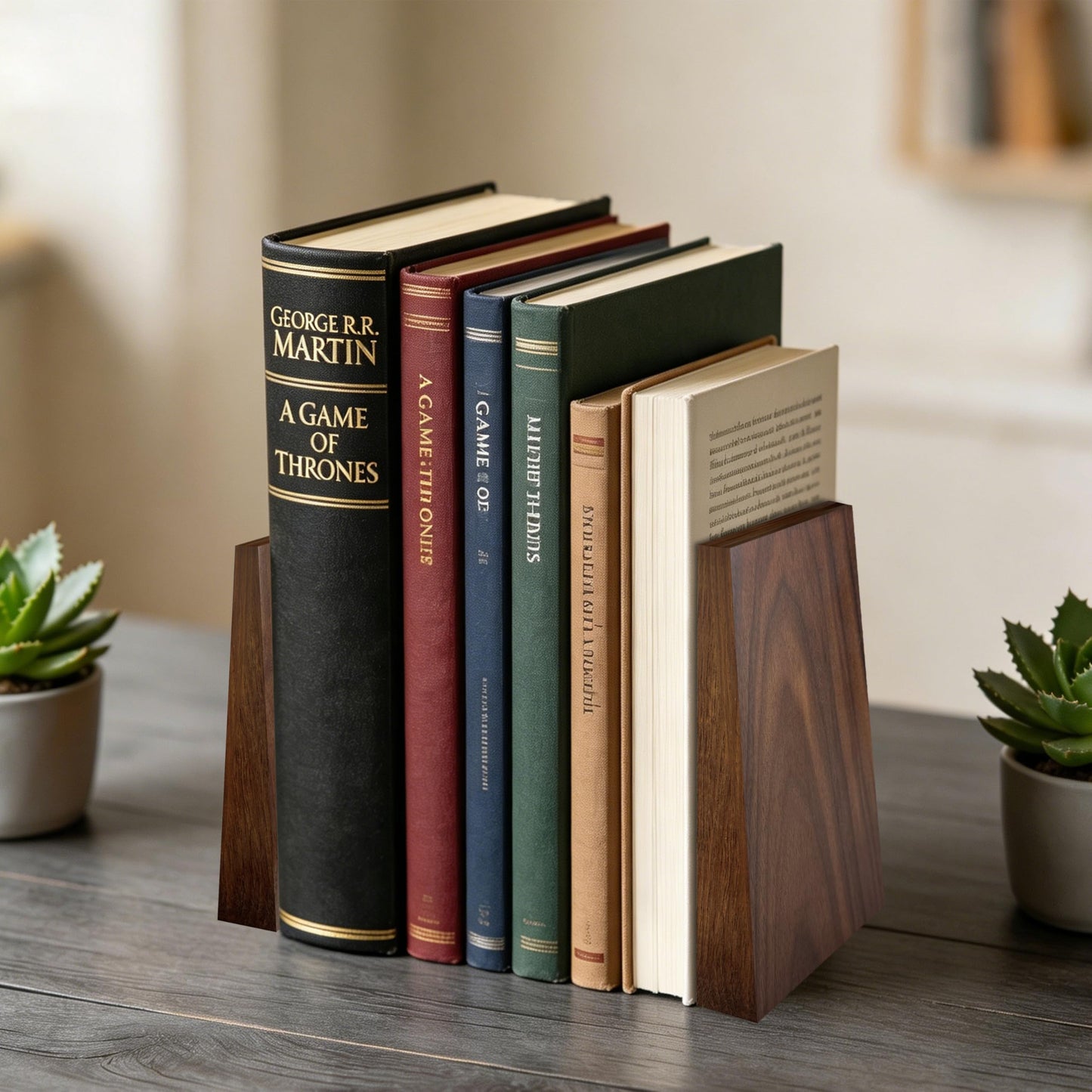 Luxdecor Walnut Book Ends Hold Heavy Books-7x6x5in Wood Bookends for Office Desk Non Skid, Decorative Walnut Bookend 2pack, Triangle Style