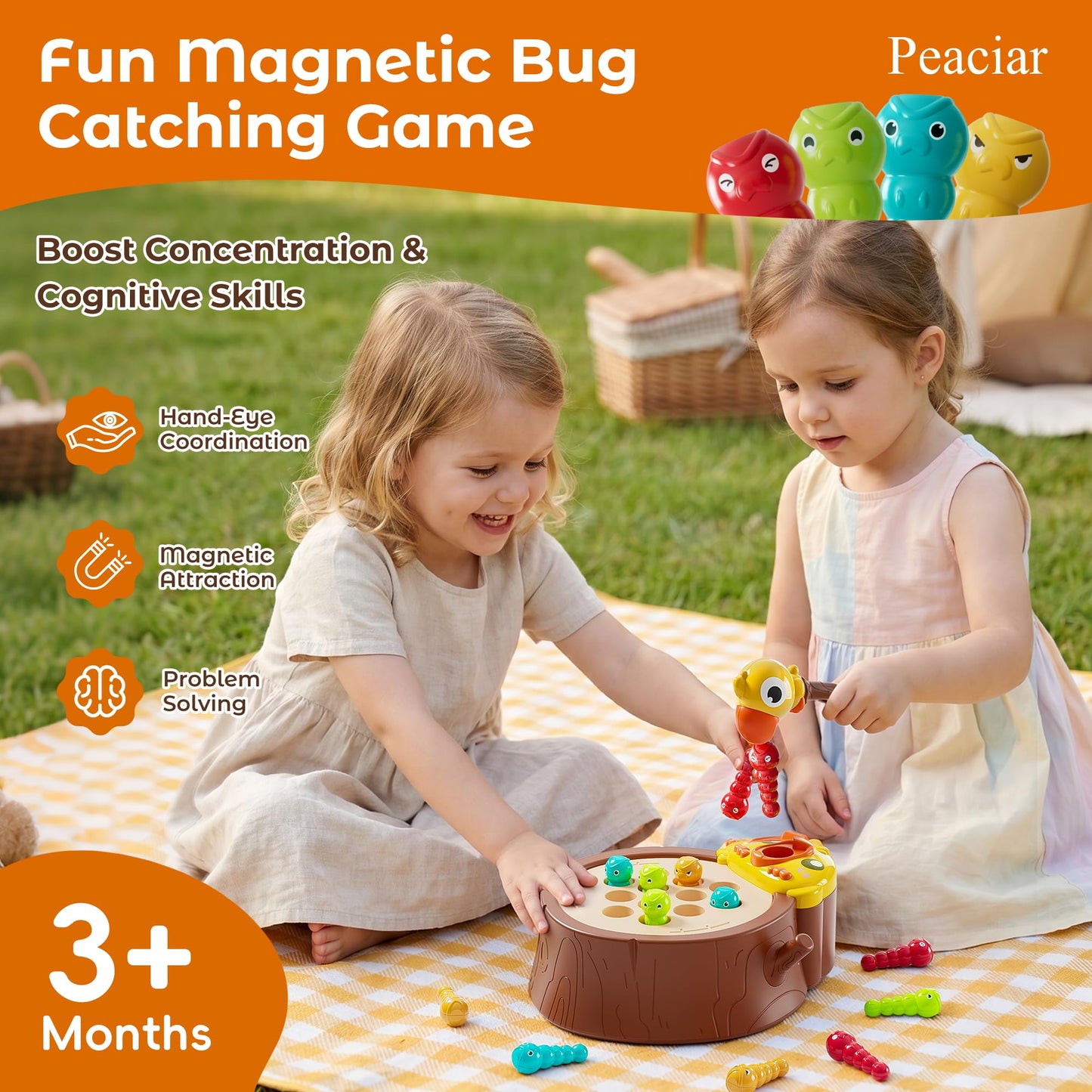 Peaciar Magnetic Bird Feeding Game - Woodpecker Worm Toy, Montessori Bug Hunt Toys for Kids Ages 3-5, Fine Motor Skills and Sensory Toddler Toys, Educational Learning Gift for Boys and Girls