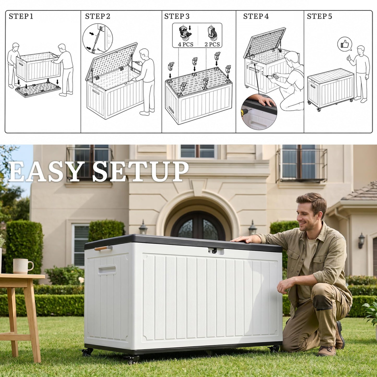 YITAHOME 90 Gallon Outdoor Storage Box with 6 Swivel Wheels & Dual Wooden Handles, Large Double-Wall Resin Deck Box, Lockable Waterproof Patio Organizer for Furniture, Cushions, White & Black