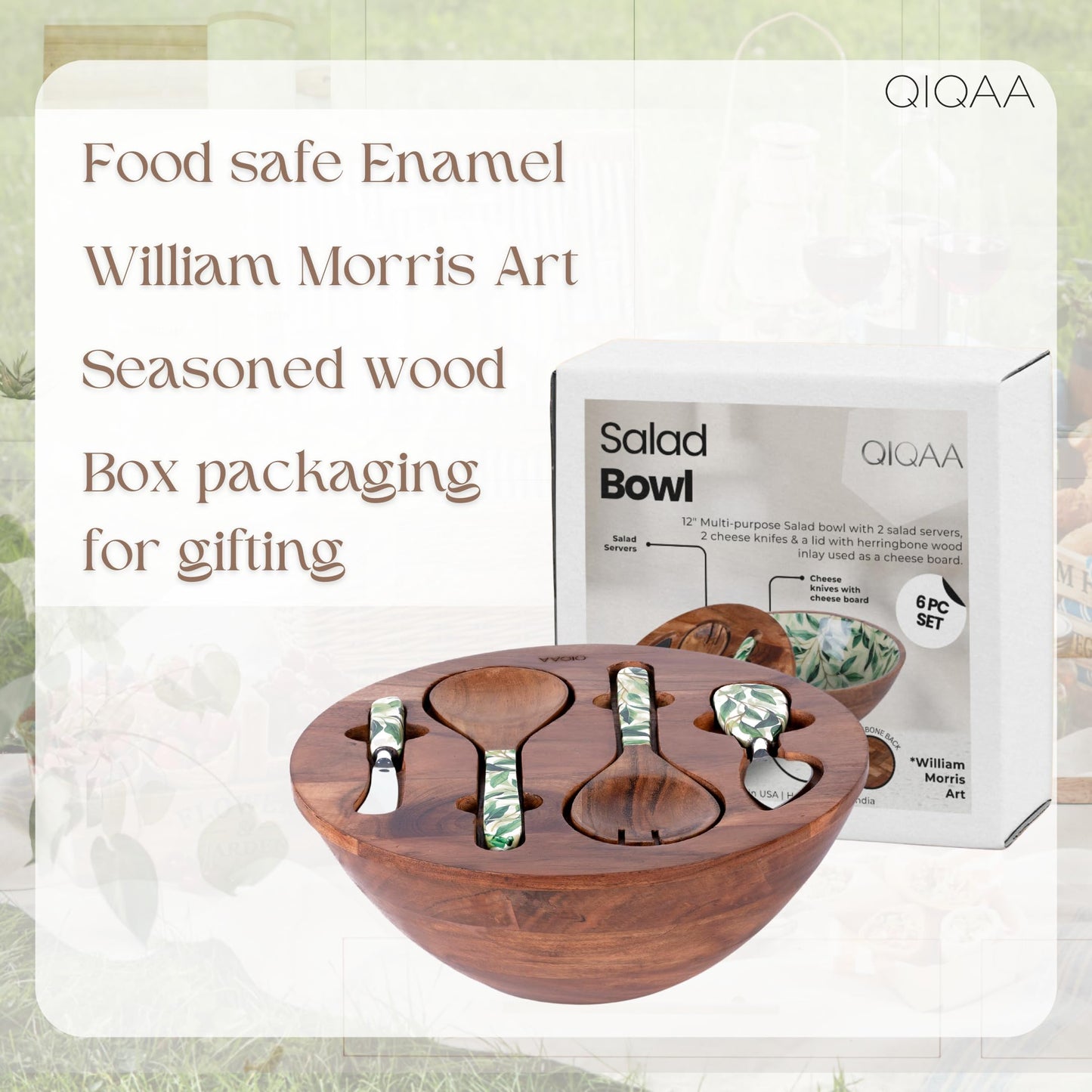 QIQAA Acacia Wood Fruit Bowl for Kitchen Counter | Wooden Salad Bowl For Food | Herringbone Inlay Lid Salad Tongs cheese knives | No Leaks | Designed in USA Handmade In India 12x12x4.75 (Light)