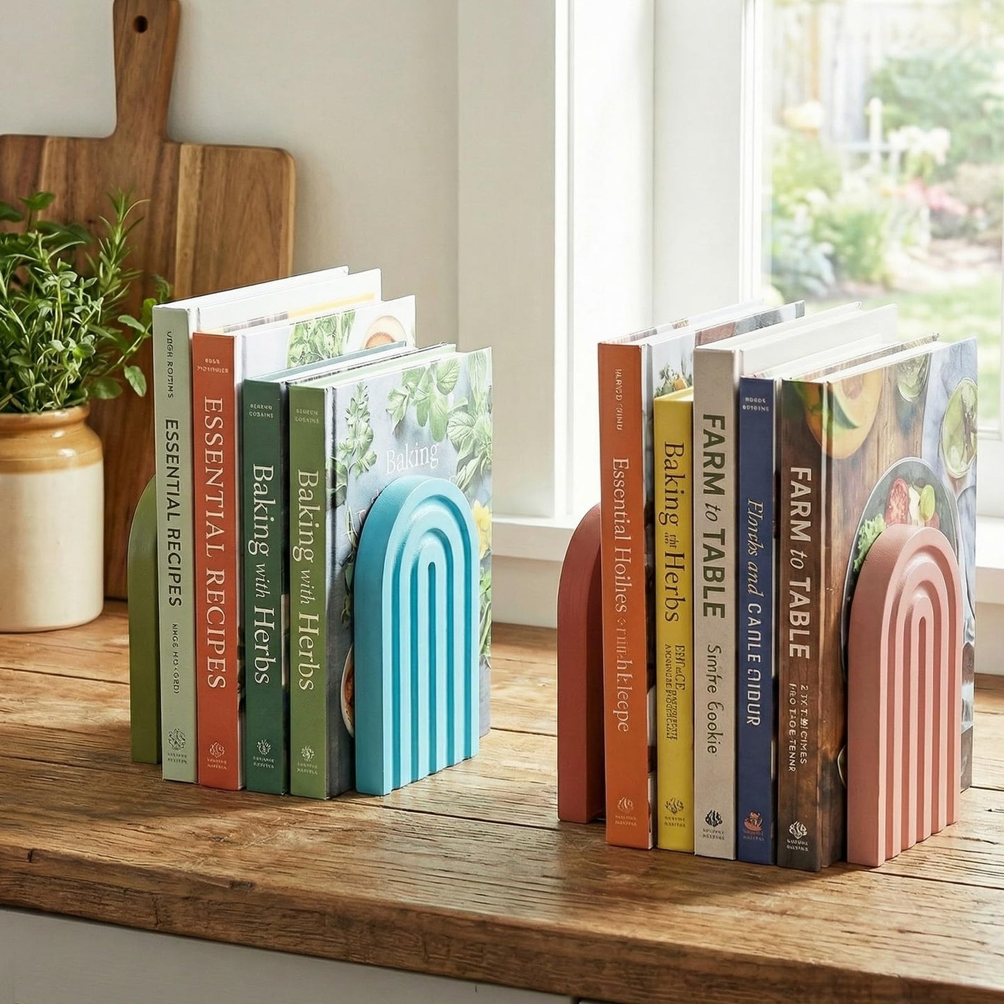 4Pcs Boho Arch Wooden Rainbow Bookends Cute Book Ends for Shelves Non Skid Wood Bookends Desert Pastels Book Holder Stand Stoppers for Home Office Back to School Library Kitchen Heavy Books