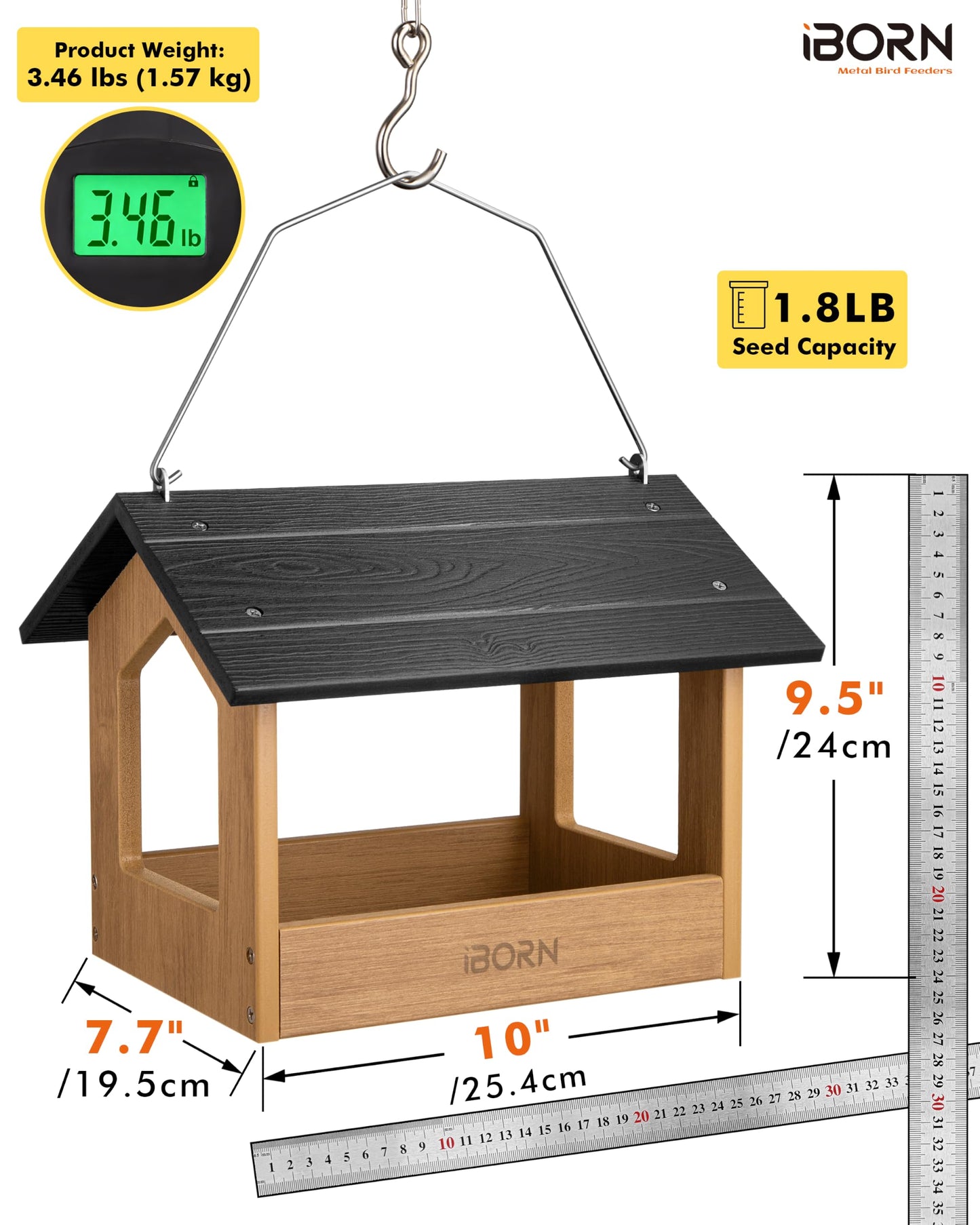 iBorn Pavilion Bird Feeder, Covered Platform Bird Feeder for Outdoors Hanging, WPC Recycled Plastic & Waterproof, Black