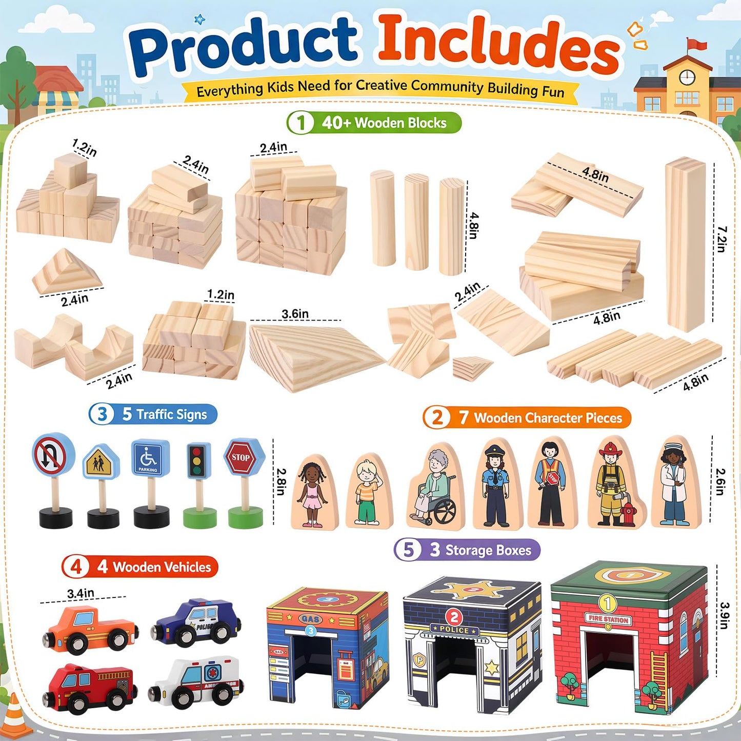 Atoylink Kids Building Blocks for Toddlers 1-3, 108Pcs Wooden Stacking Toys with Community Helpers & Magnetic Wooden Cars Signals, Baby Nesting Boxes Preschool Learning Toys for Boys Girls Gift