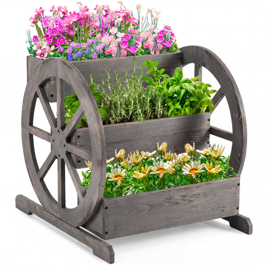 Beeveer Wooden Wagon Planter Box Garden Planter for Outside with Drainage Holes Decorative for Patio Garden Balcony Vegetables Flowers Herbs(Washed Antique Gray)