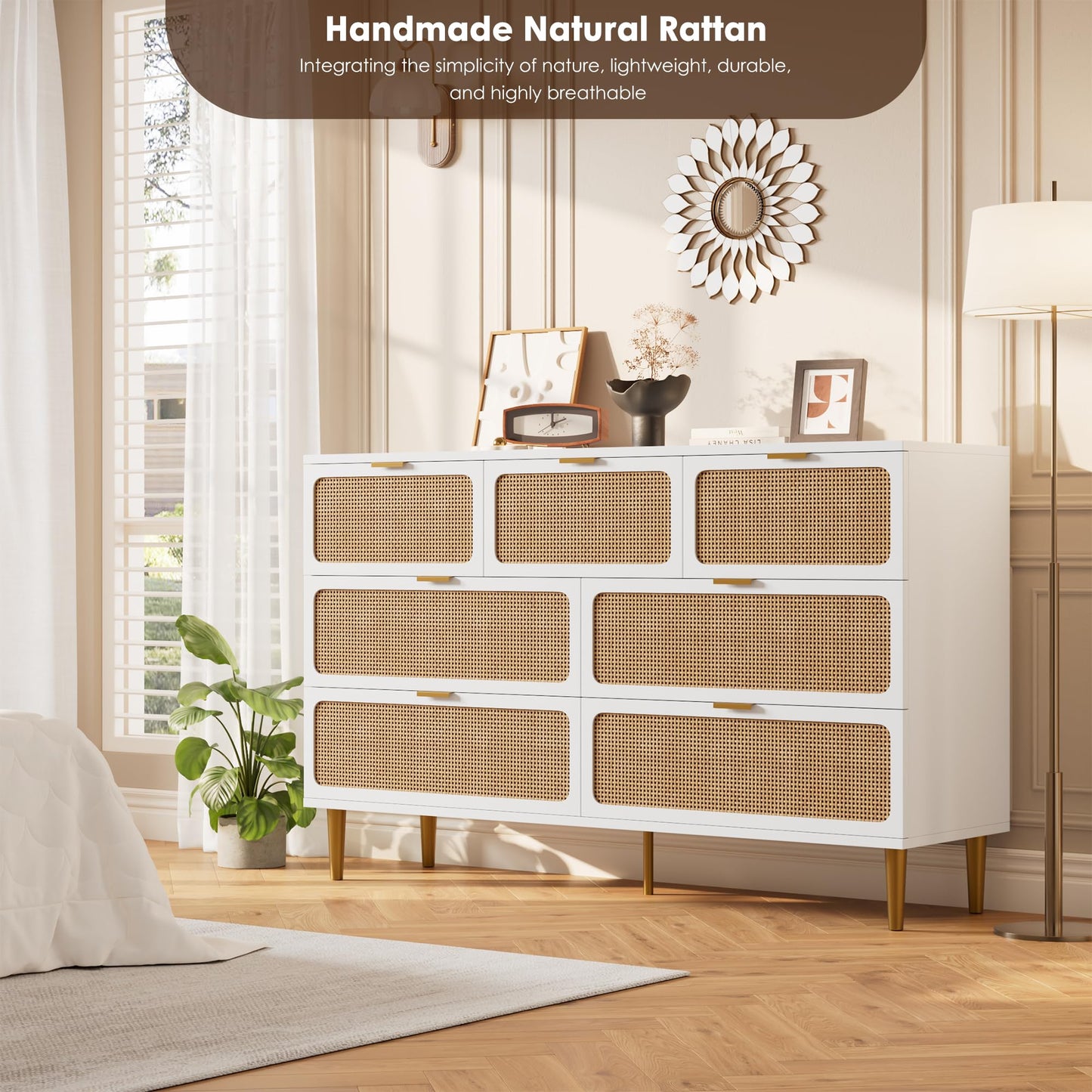 GarveeHome Rattan 7 Drawer Dressers for Bedroom, Tall Dresser with Deep Drawers, Large Chest of Drawers for Closet with Wide Top, Long Wooden Dresser for Living Room, Hallway, Kids Room, White