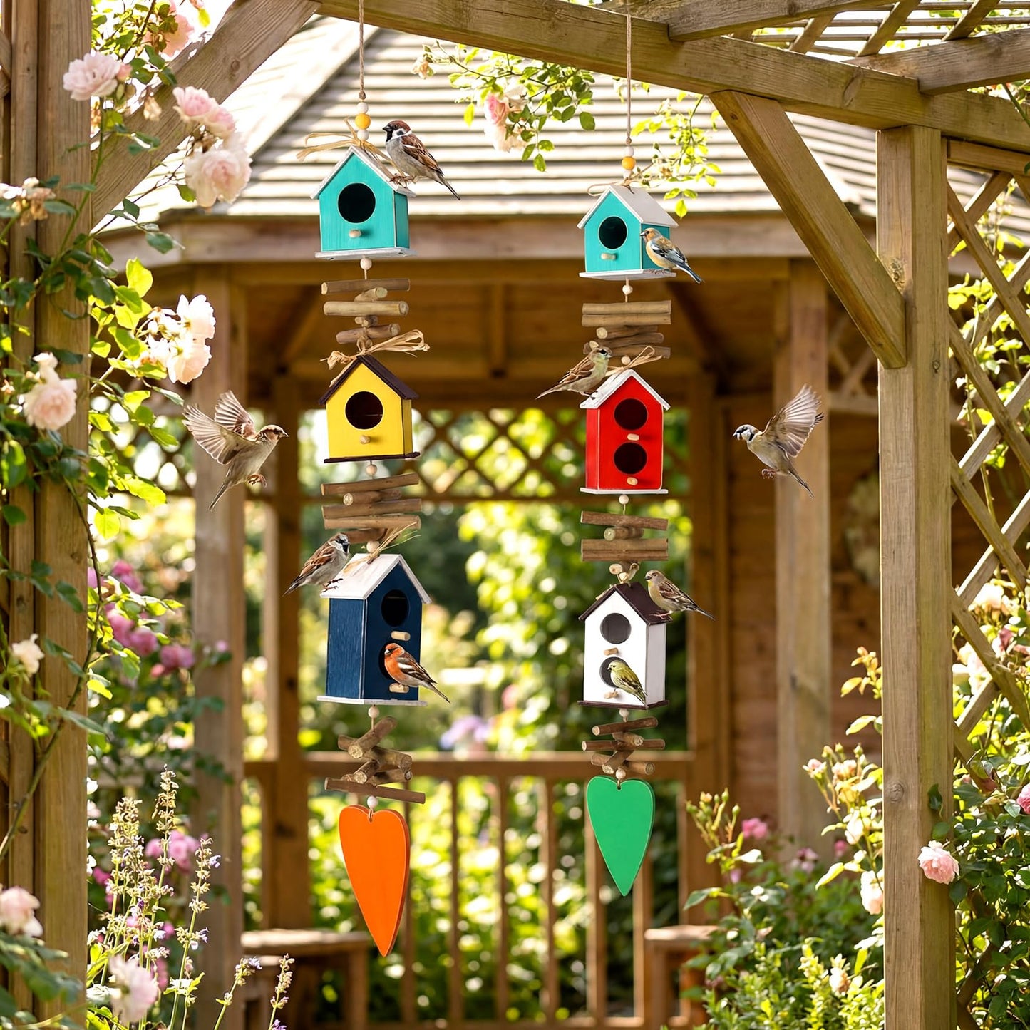 2 Pack Birdhouse Bird Feeders for Outdoor, Colourful Hanging Wooden Bird Feeder Outside Garden Yard Farmhouse Birds Feeders for Country Yard Garden Decoration for Cardinals Finches Chickadees