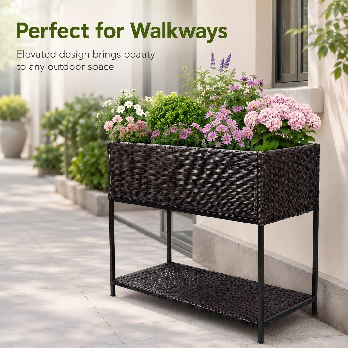 Chonsun Raised Garden Bed - 3x1.5x2.5 ft Rattan Raised Bed Wicker Elevated Raised Garden Bed with Underneath Tool Storage Rack Shelf, Outdoor Raised Flower Planter Box