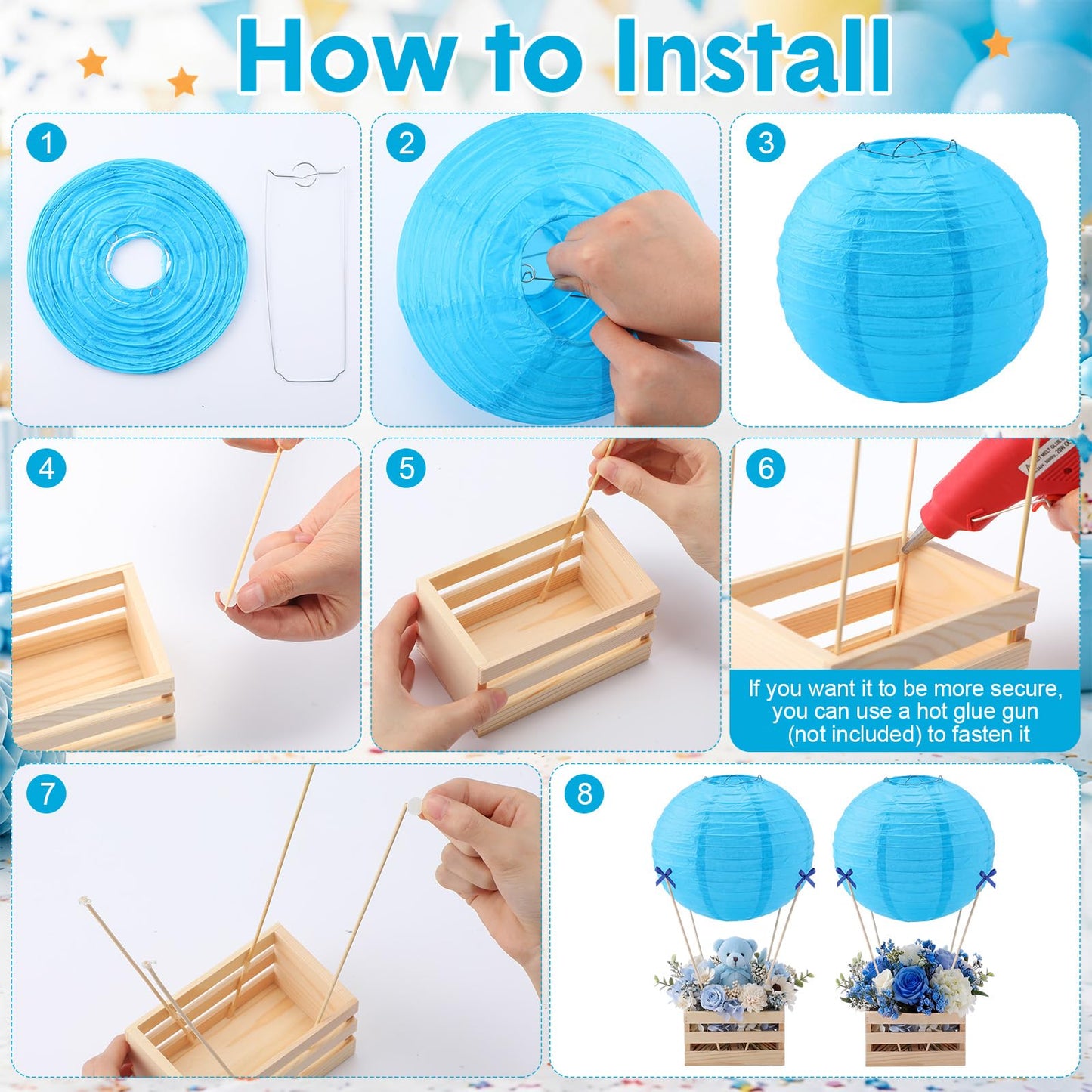 Gerrii 8 Sets Blue Hot Air Balloon Table Centerpieces, 8" Paper Lanterns with Wooden Crates Bamboo Sticks and Bows, DIY Hot Air Balloon Decor for Bridal Shower Wedding Bachelorette Birthday Party