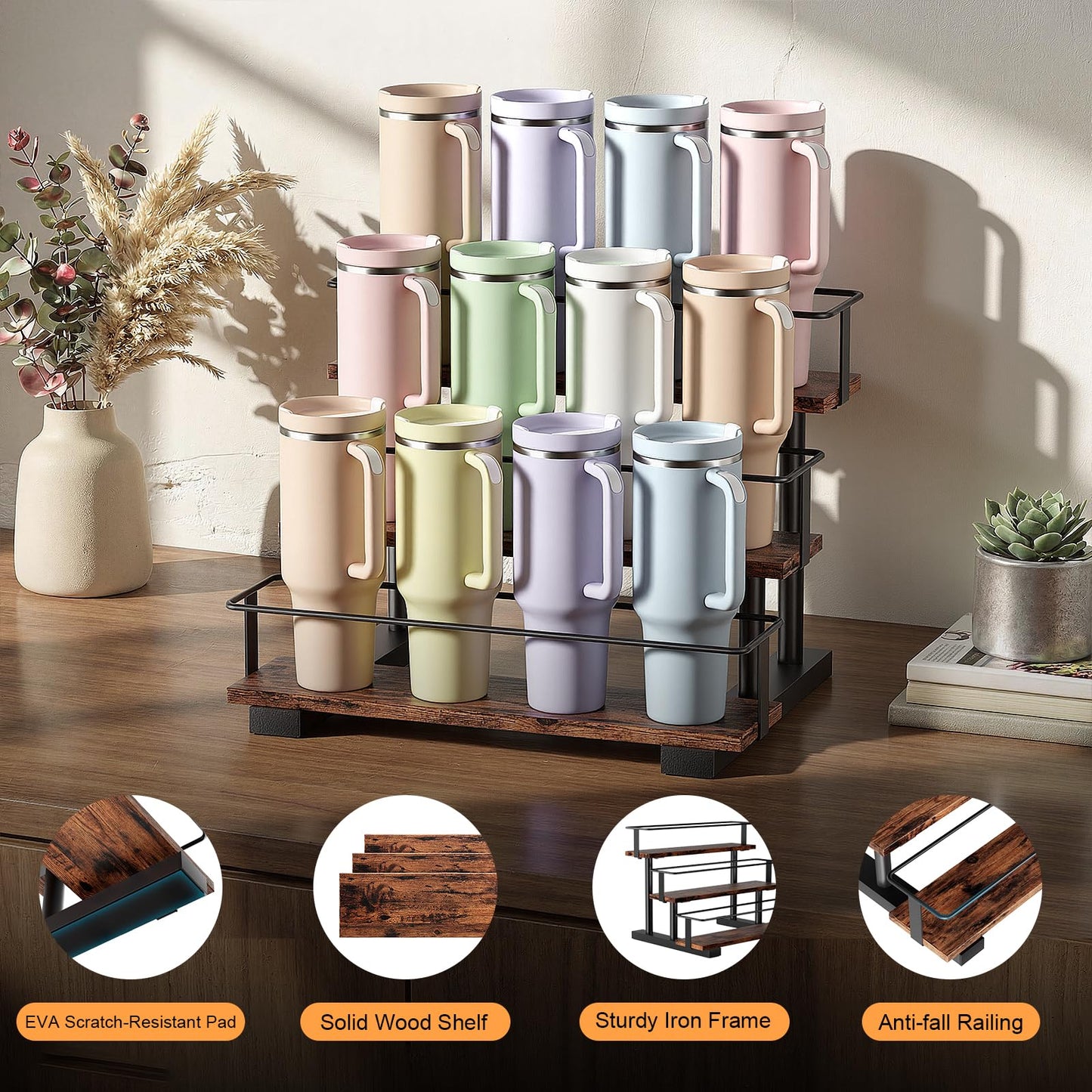 Wolera Stanley 40 oz Tumbler Compatible Organizer, 3-Tier Water Bottle Organizer with Wooden Shelves, Carbon Steel Rack Holds 12 Bottles, Kitchen & Bar Storage