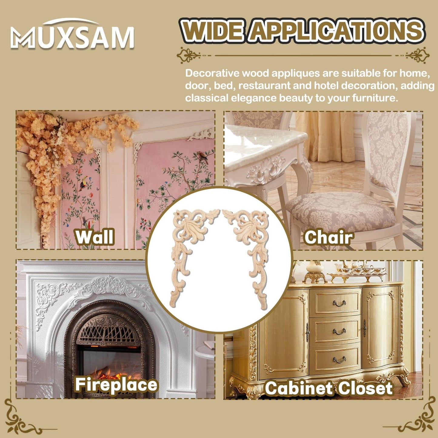 MUXSAM 1-Pair Wood Carved Onlays, 20x10cm/7.87"x3.94", Left&Right Decorated Furniture Appliques, Wooden Carving Corner Decals for Cabinet Drawer Cupboard Dresser Mirror Door Wall Bed DIY Projects